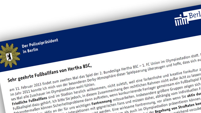 Fanbrief der Berliner Polizei zum Derby