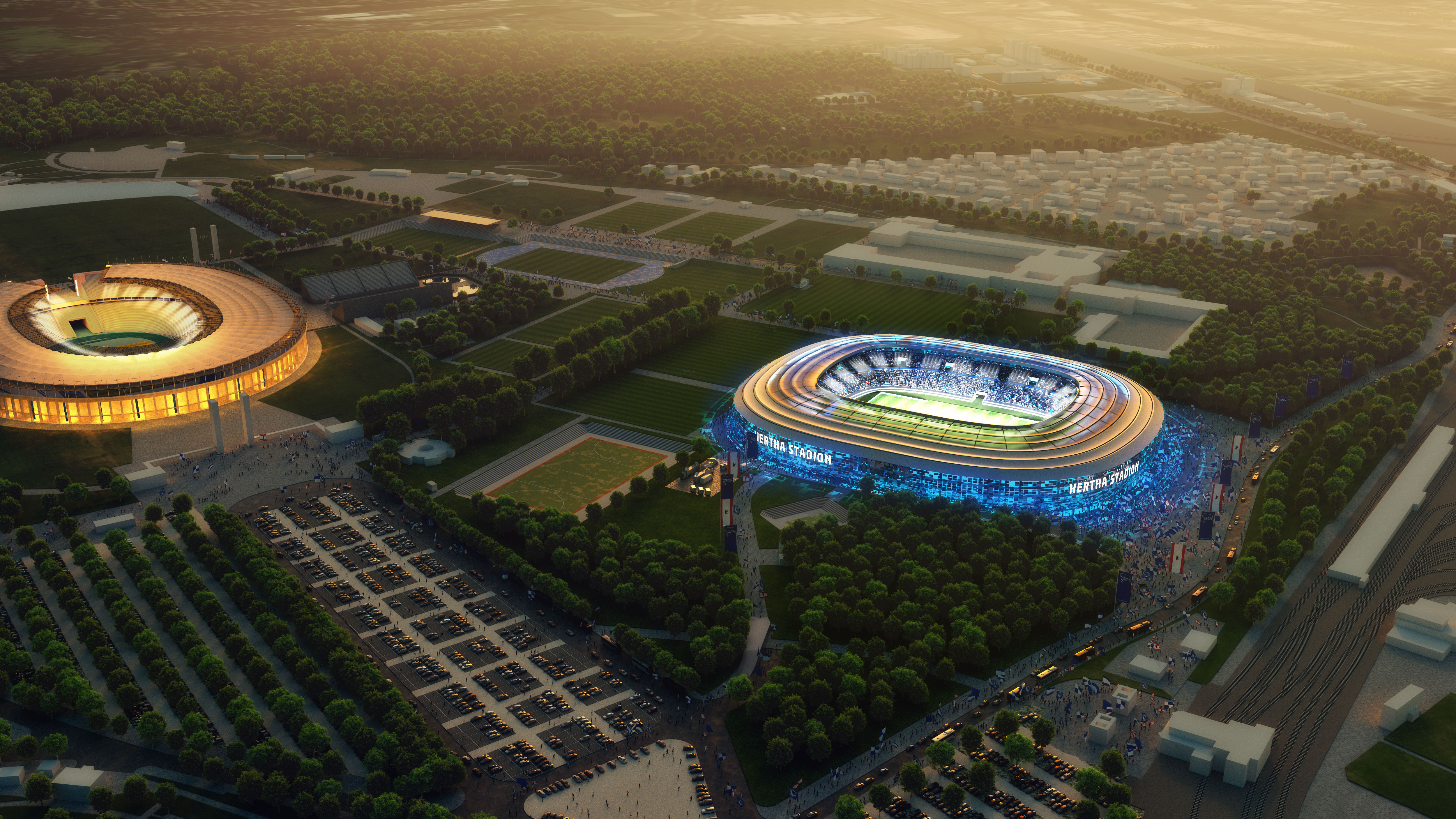 Vision des Olympiaparks mit eigenem Stadion bei Nacht.