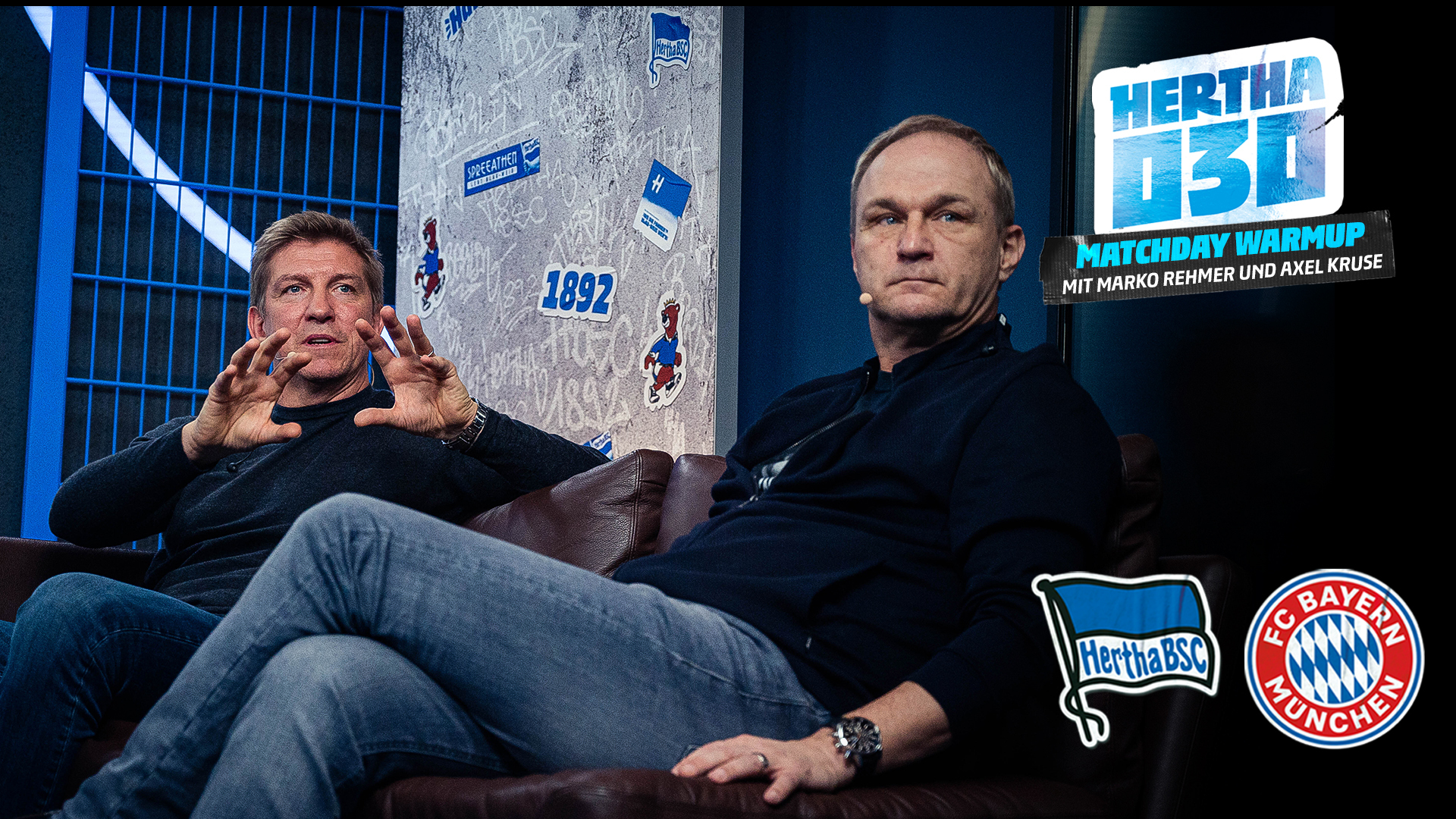 Marko Rehmer und Axel Kruse sprechen im Rahmen des 'Matchday Warmup' mit Lena von HerthaTV.