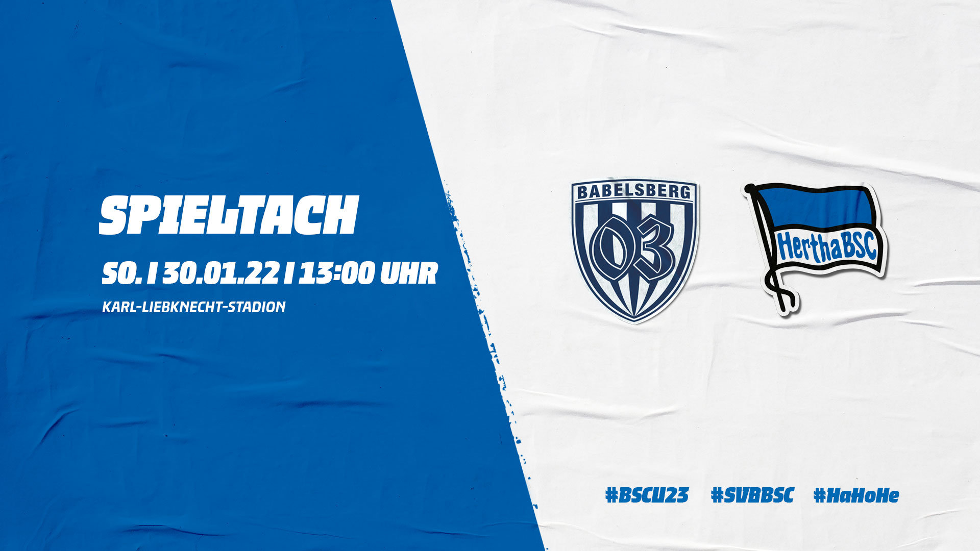 Die Vereinslogos vom SV Babelsberg 03 und Hertha BSC mit der Anstoßzeit.