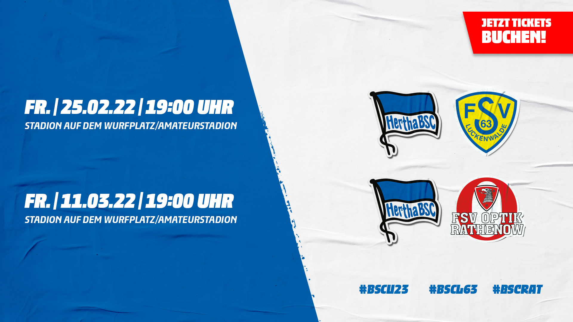 Die Logos von Hertha BSC, FSV 63 Luckenwalde und FSV Optik Rathenow mit den Anstoßzeiten.