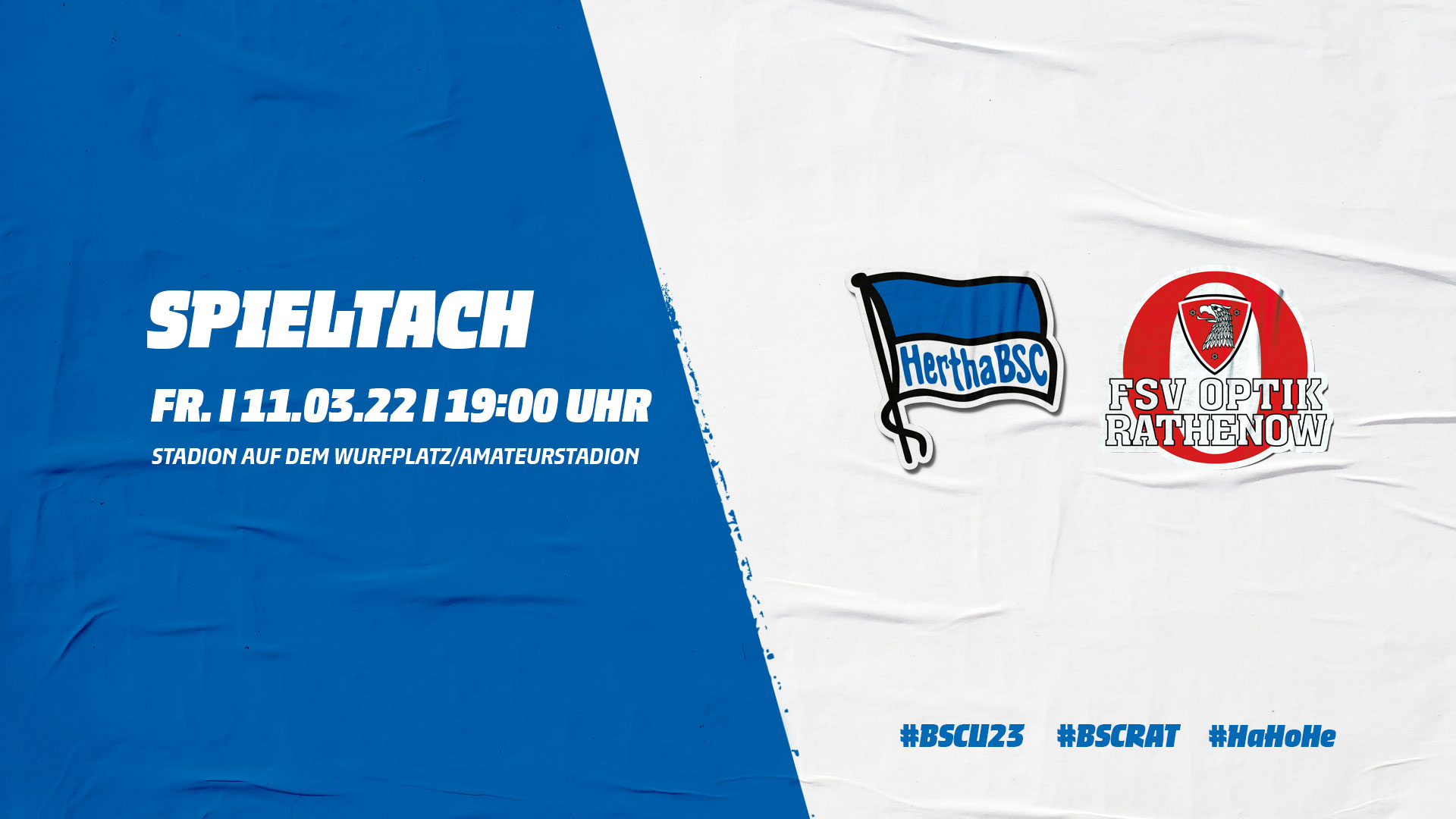 Die Vereinslogos von Hertha BSC und FSV Optik Rathenow mit der Anstoßzeit.