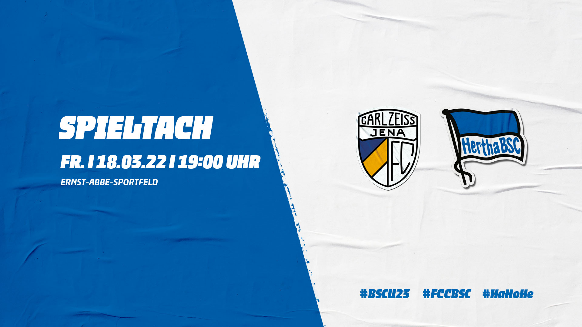 Die Logos vom FC Carl Zeiss Jena und Hertha BSC sowie die Anstoßzeit.