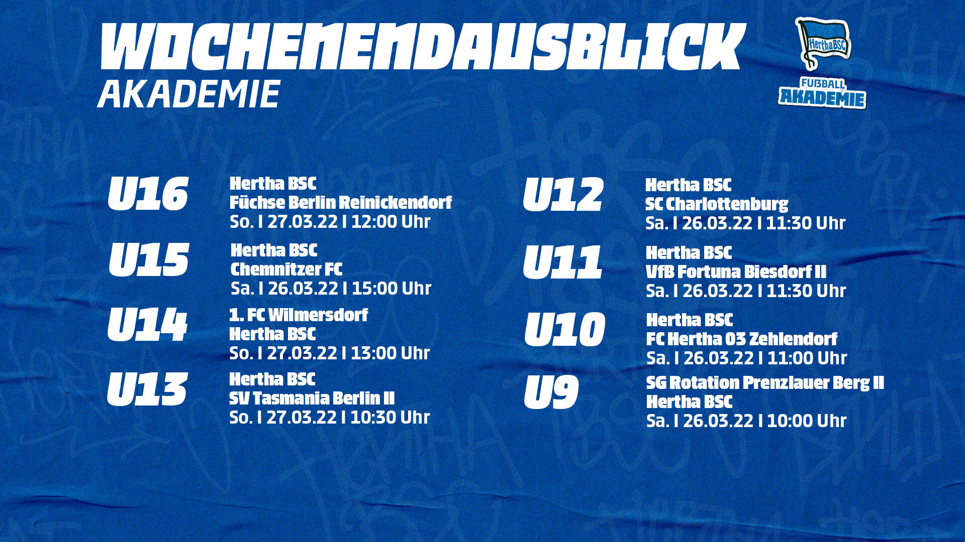 Die Spielpaarungen unserer Nachwuchsteams in der Übersichtsgrafik.