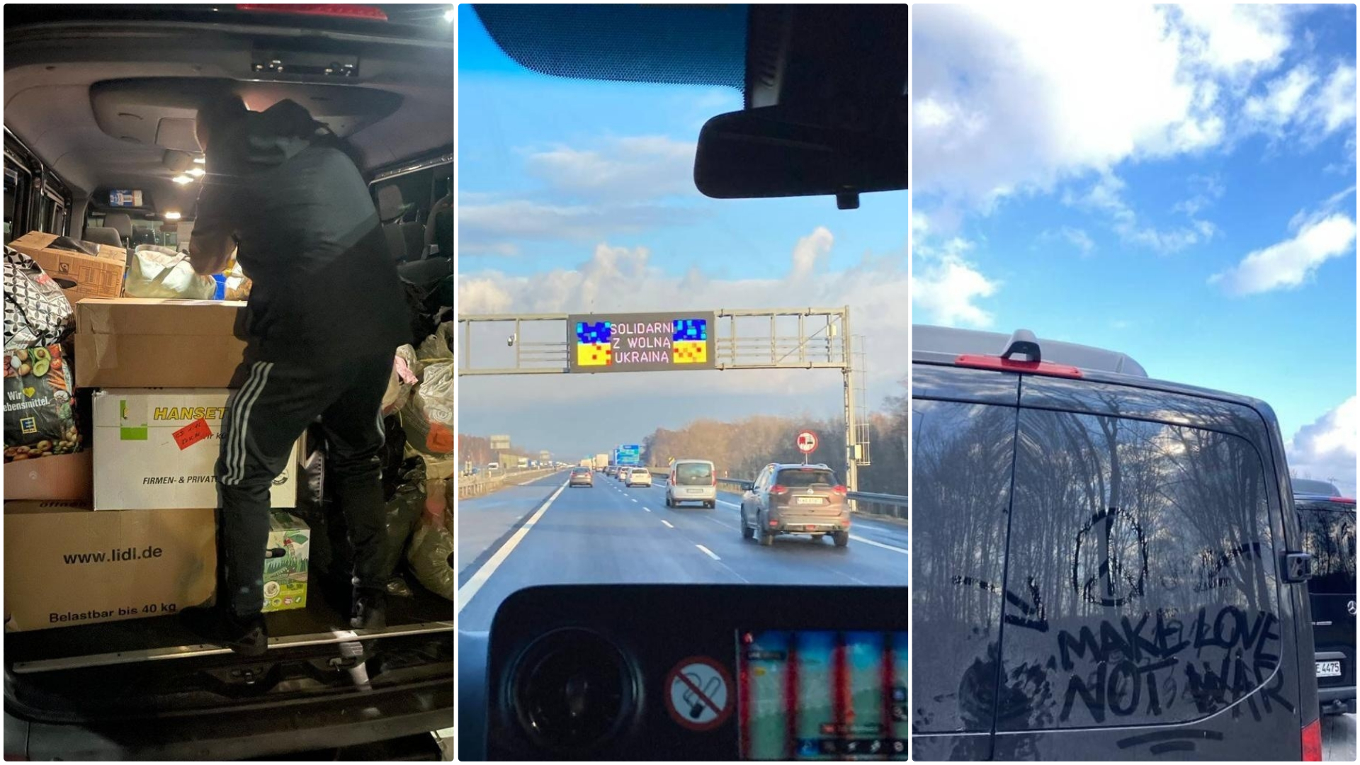 Die Collage zeigt die vollgepackten Autobusse, die sich auf den Weg an die polnisch-ukrainische Grenze machten.