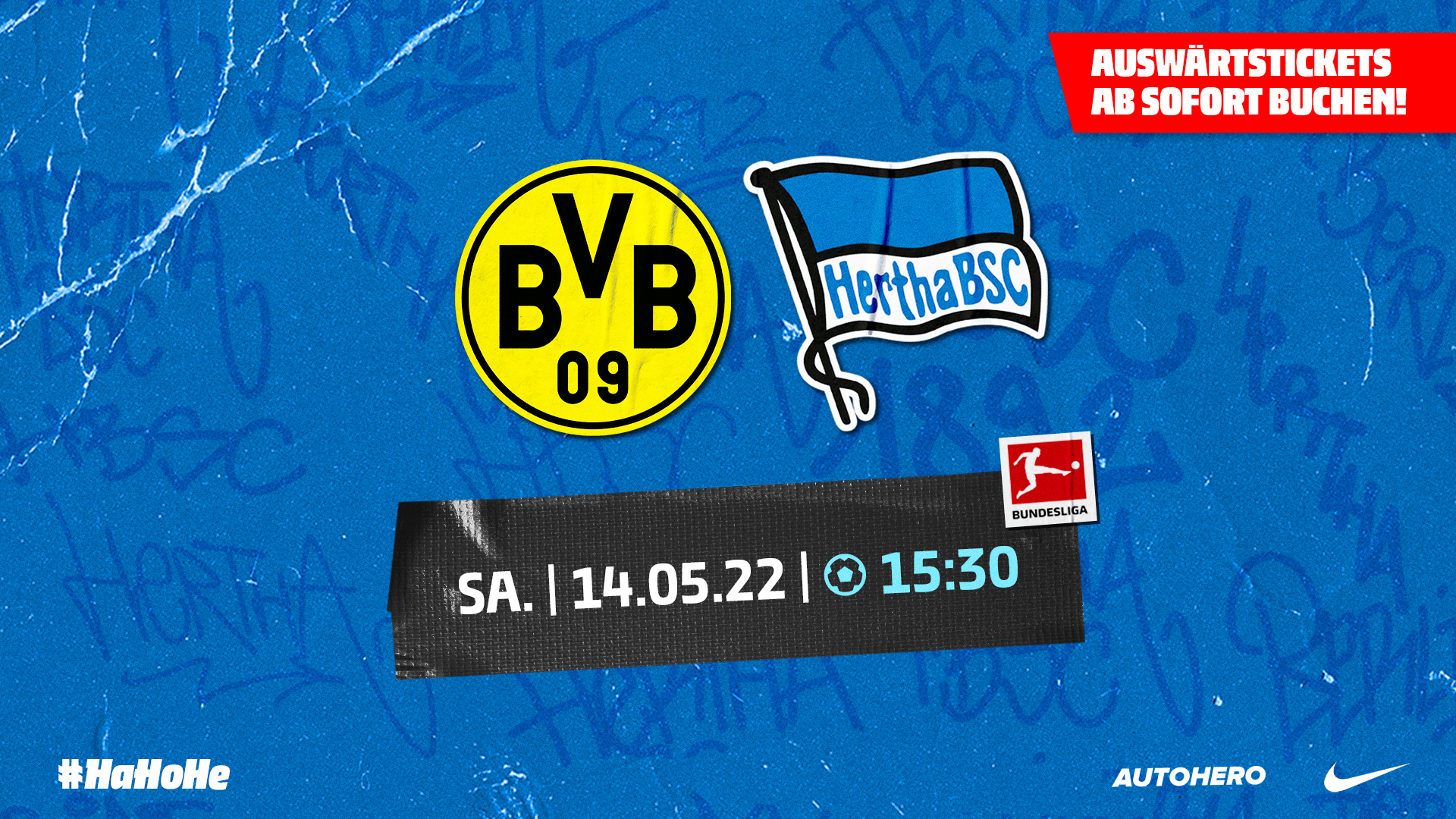 Ticketgrafik: Die Logos von Borussia Dortmund und Hertha BSC sowie die Anstoßzeit.