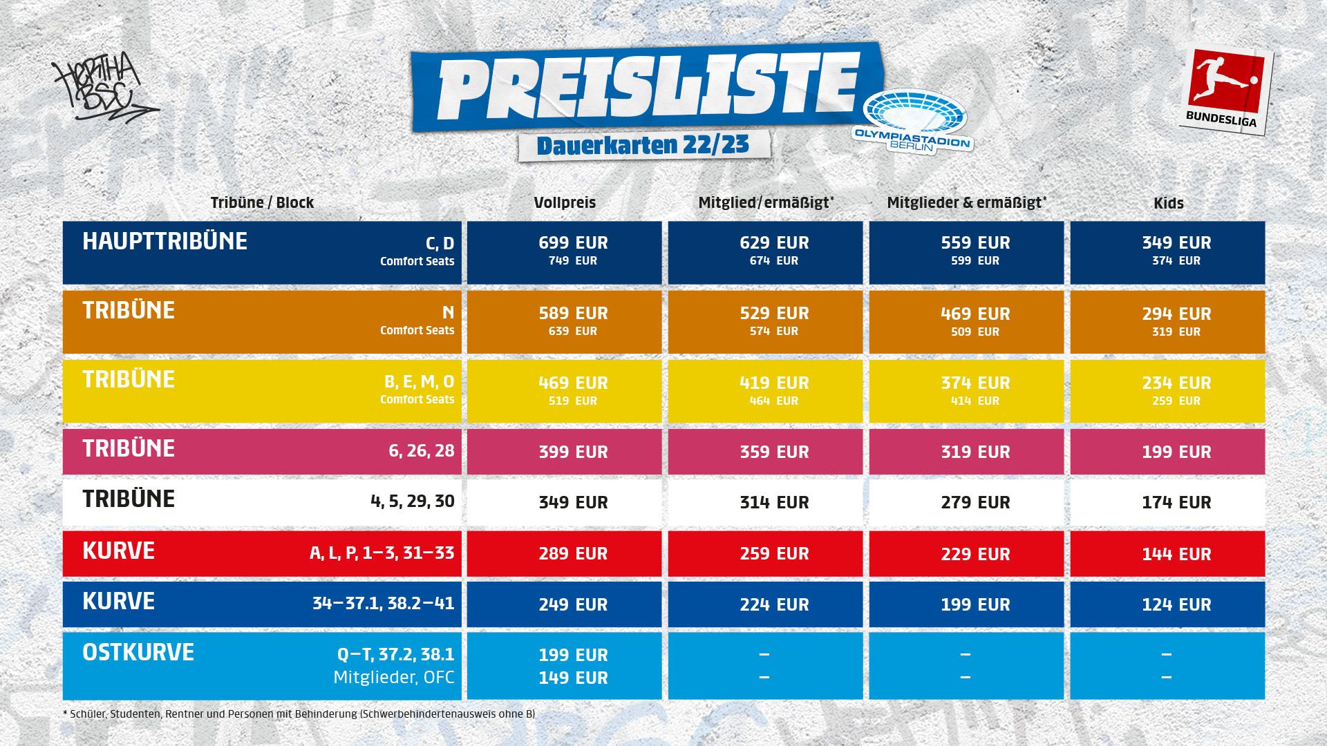 Die Preisliste für unsere Dauerkarte für die Saison 2022/23.