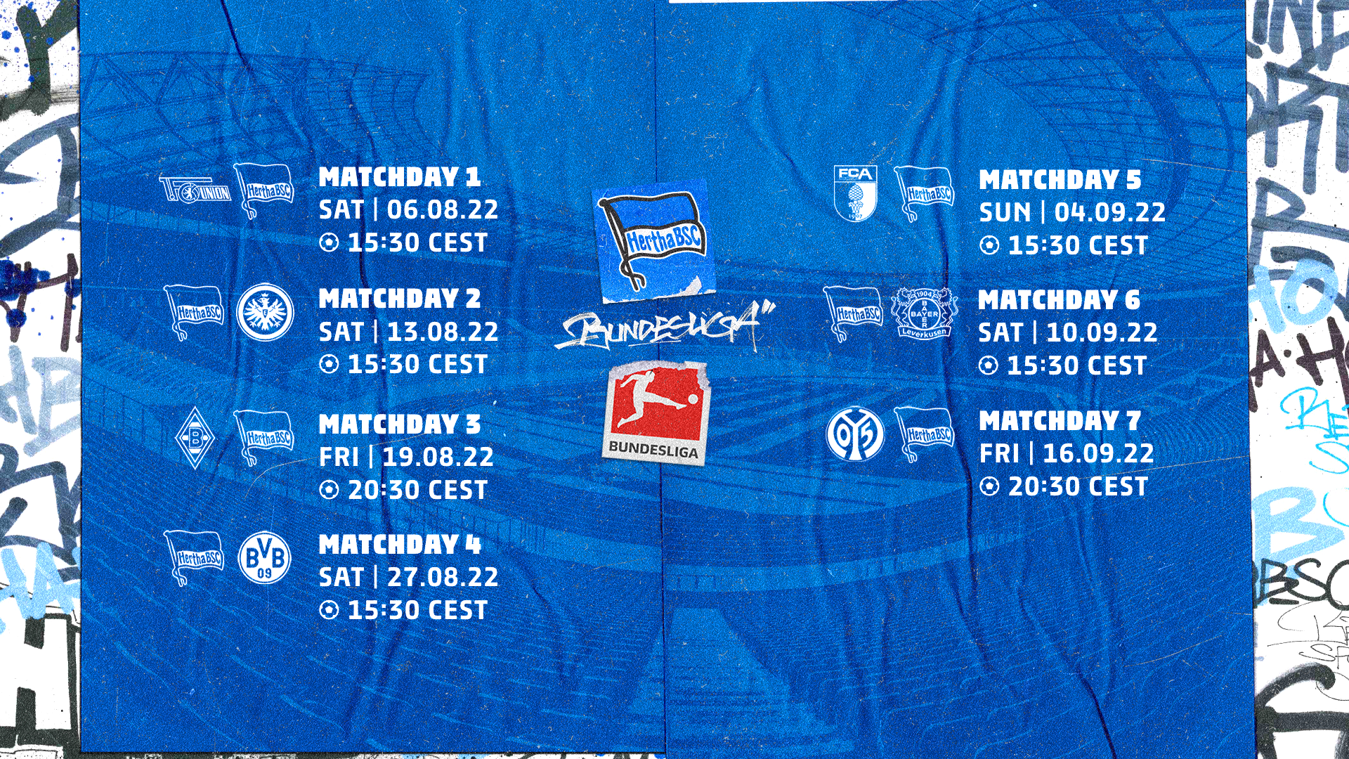 Graphic showing dates and times of first seven Bundesliga matchdays.