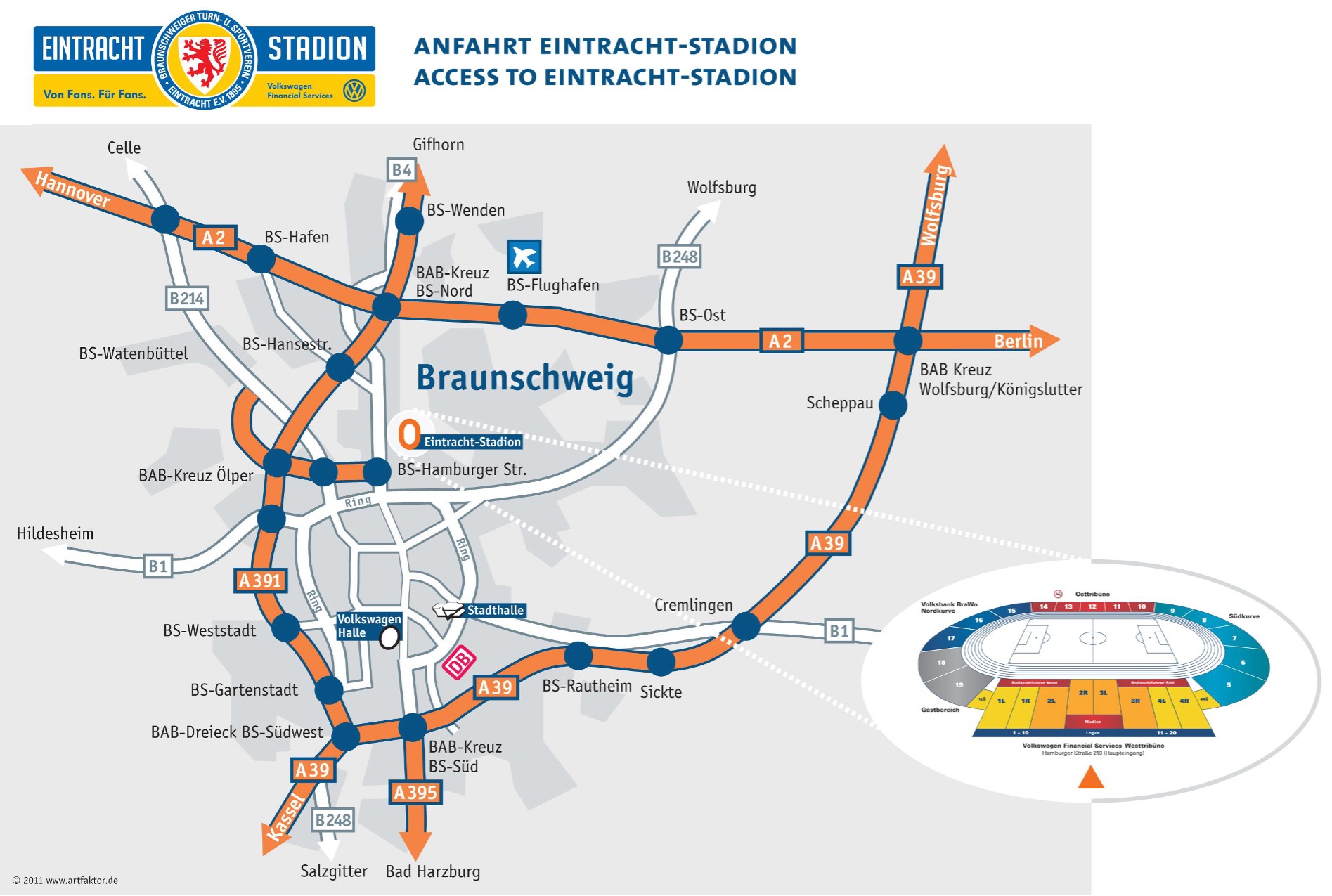 Anfahrtsplan zum Eintracht-Stadion in Braunschweig.