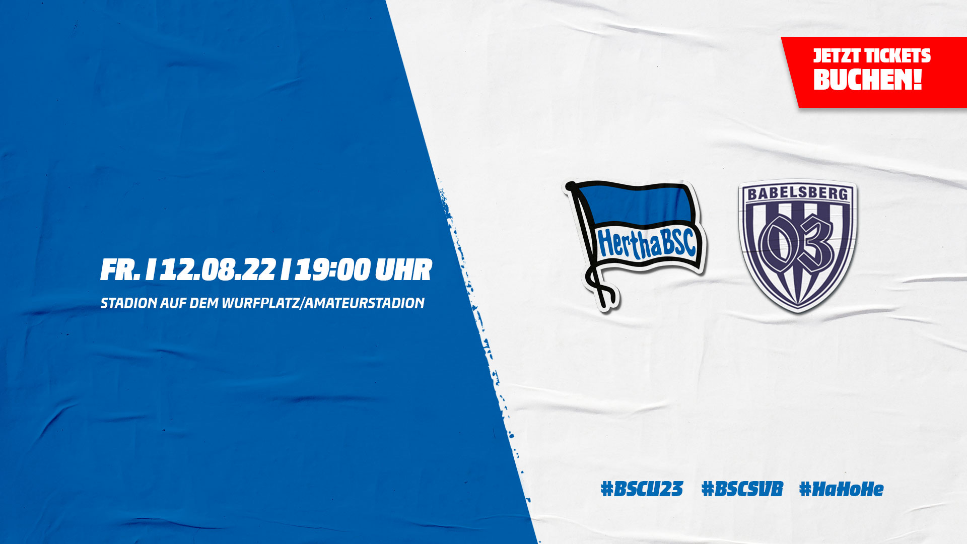 Die Logos von Hertha BSC und dem SV Babelsberg 03 mit der Anstoßzeit und dem Hinweis "Jetzt Tickets buchen".