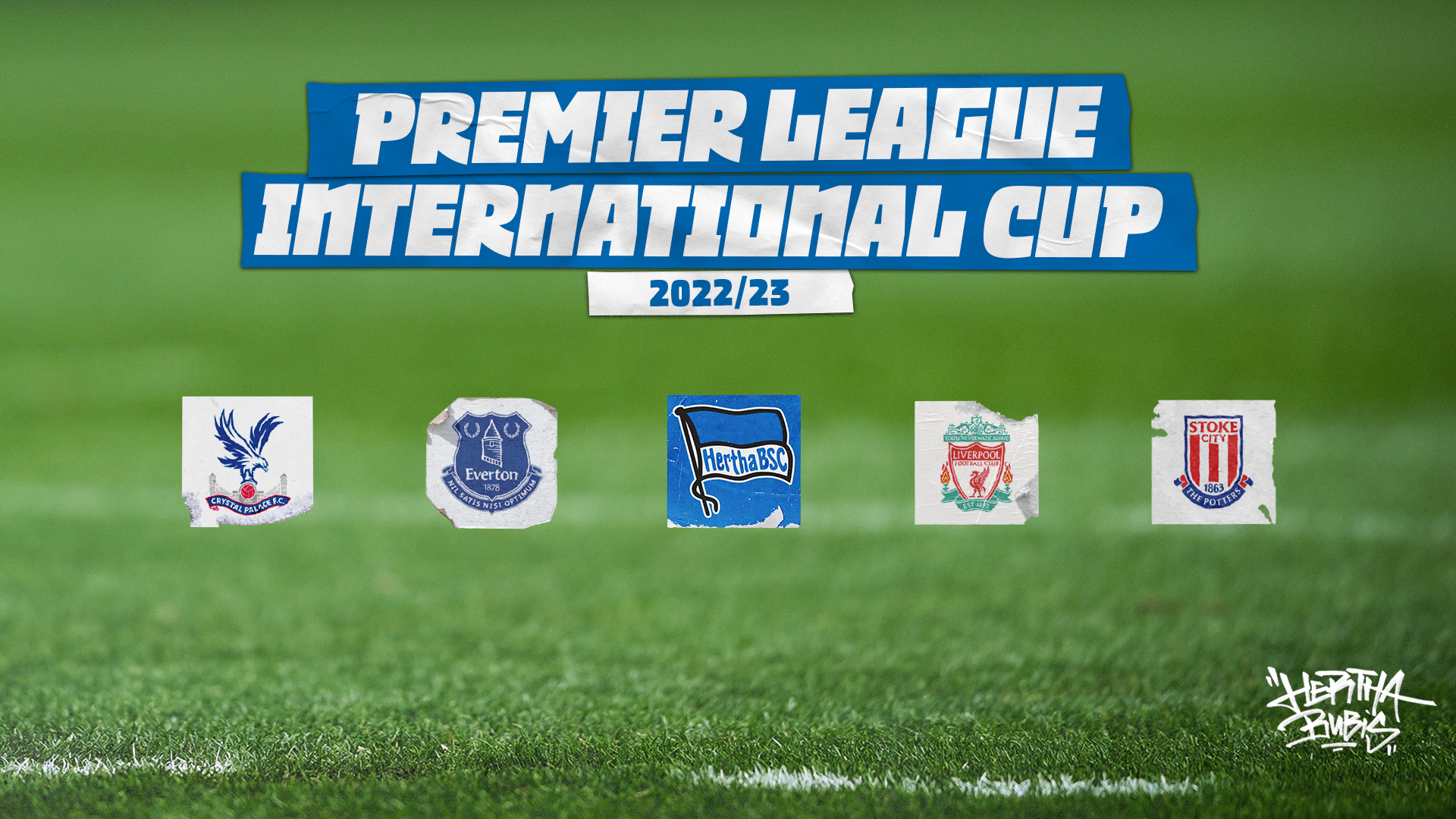 Die Logos von Crystal Palace, Everton, Hertha BSC, Stoke City und Liverpool.