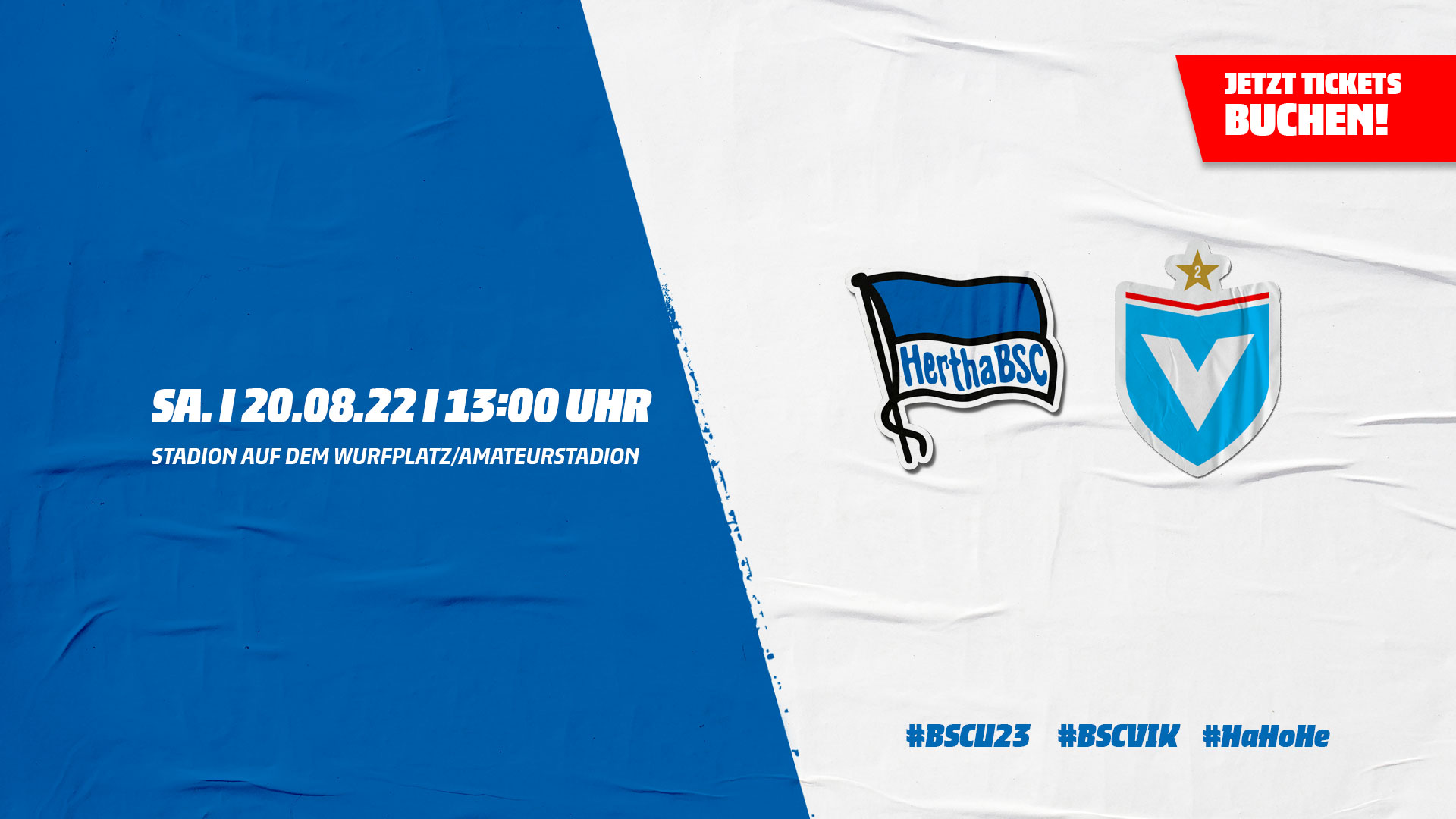 Die Logos von Hertha BSC und Viktoria Berlin mit der Anstoßzeit und dem Hinweis "Jetzt Tickets buchen".