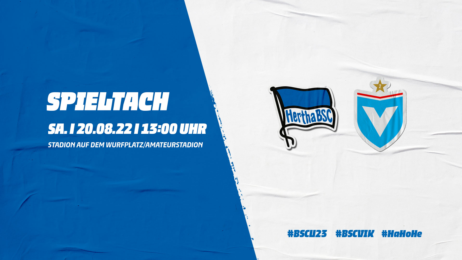 Die Logos von Hertha BSC und Viktoria Berlin mit der Anstoßzeit.