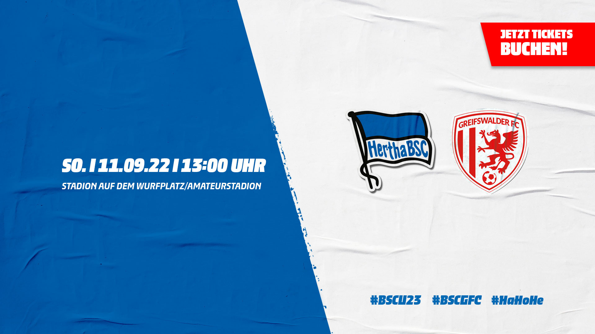 Die Logos von Hertha BSC und vom Greifswalder FC mit der Anstoßzeit und dem Hinweis 'Jetzt Tickets buchen'.