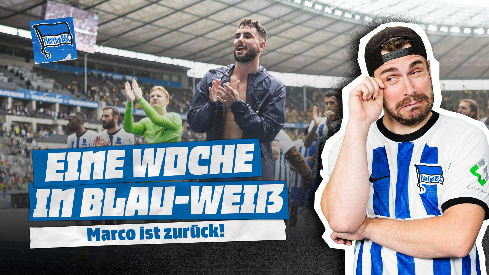 Hertha-Moderator im Vordergrund, dahinter Marco Richter bei seiner Rückkehr auf den Platz.