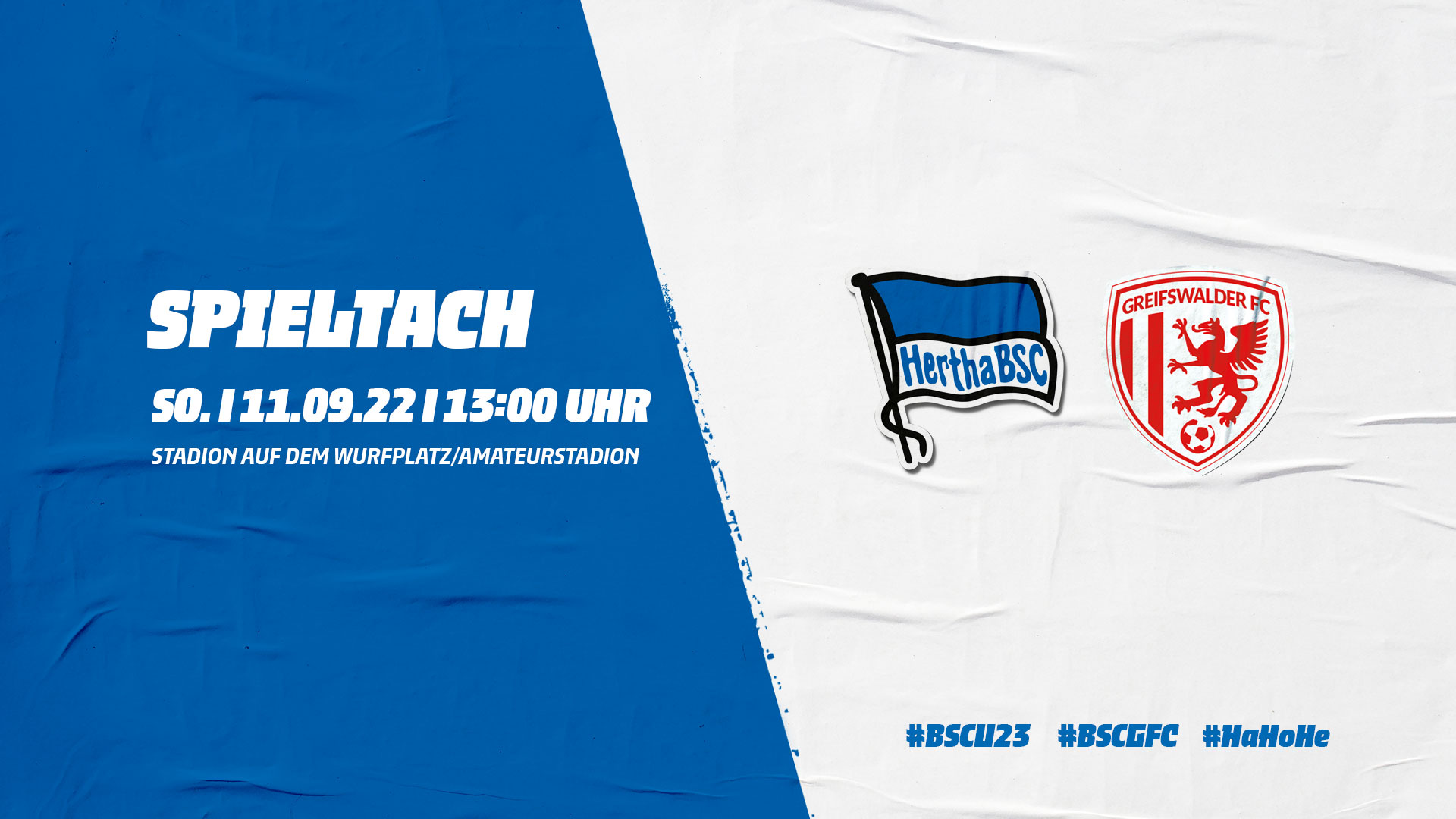 Die Logos von Hertha BSC und vom Greifswalder FC mit der Anstoßzeit.