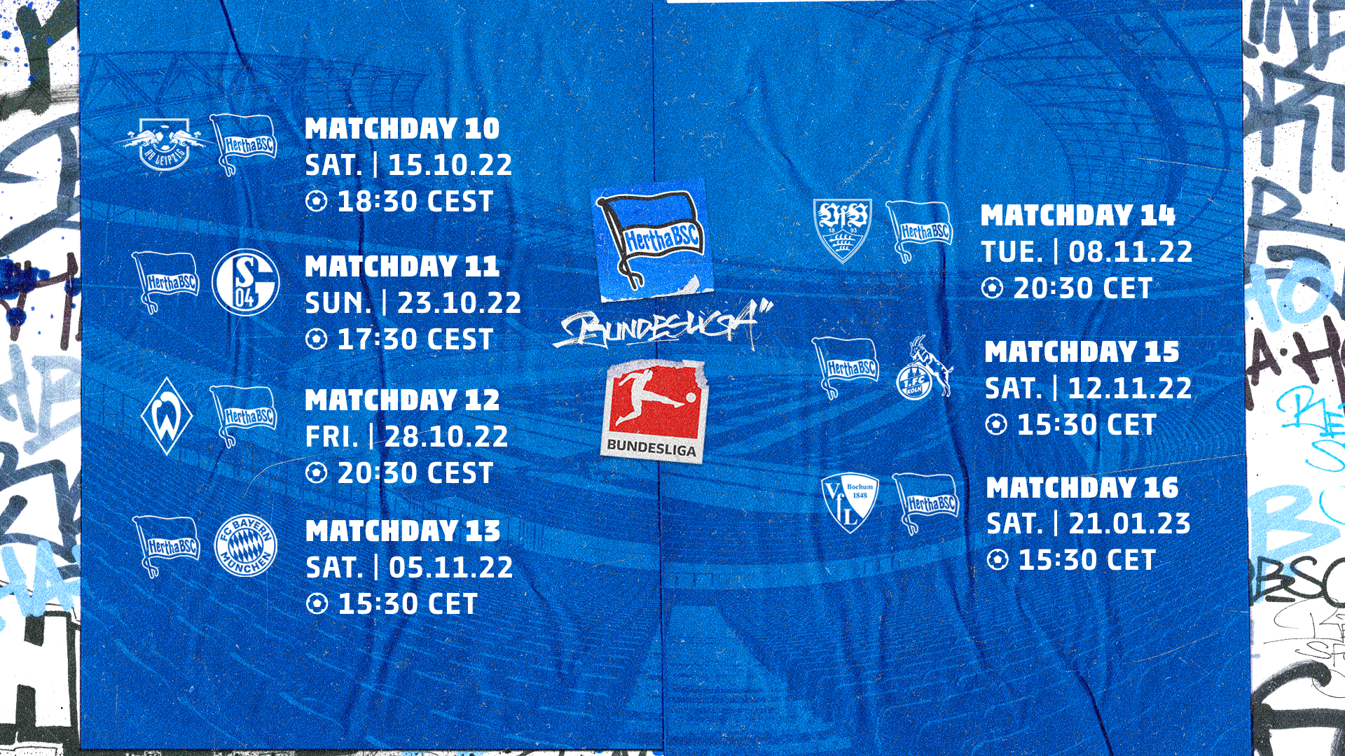 Graphic showing Hertha BSC's matchday 10 to 16 fixtures.