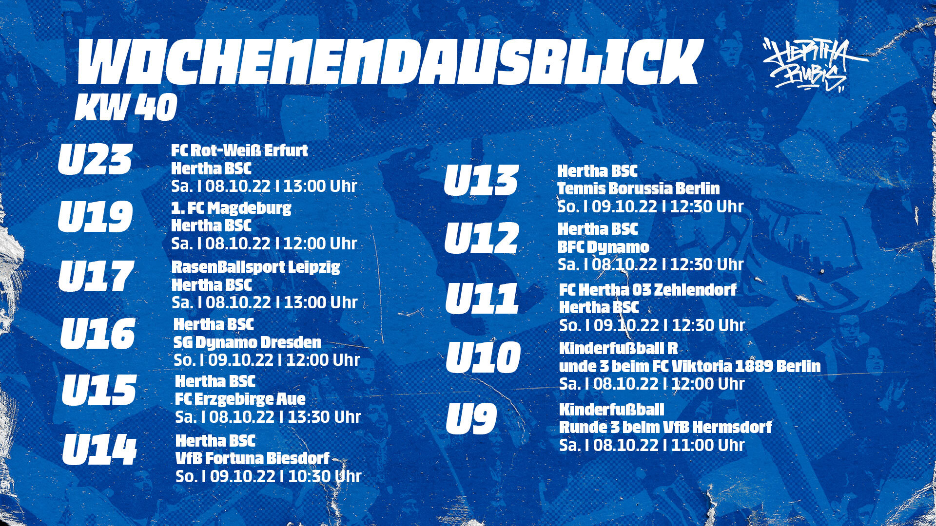 Die Spielpaarungen und Anstoßzeiten unserer Nachwuchsteams in der Übersicht.