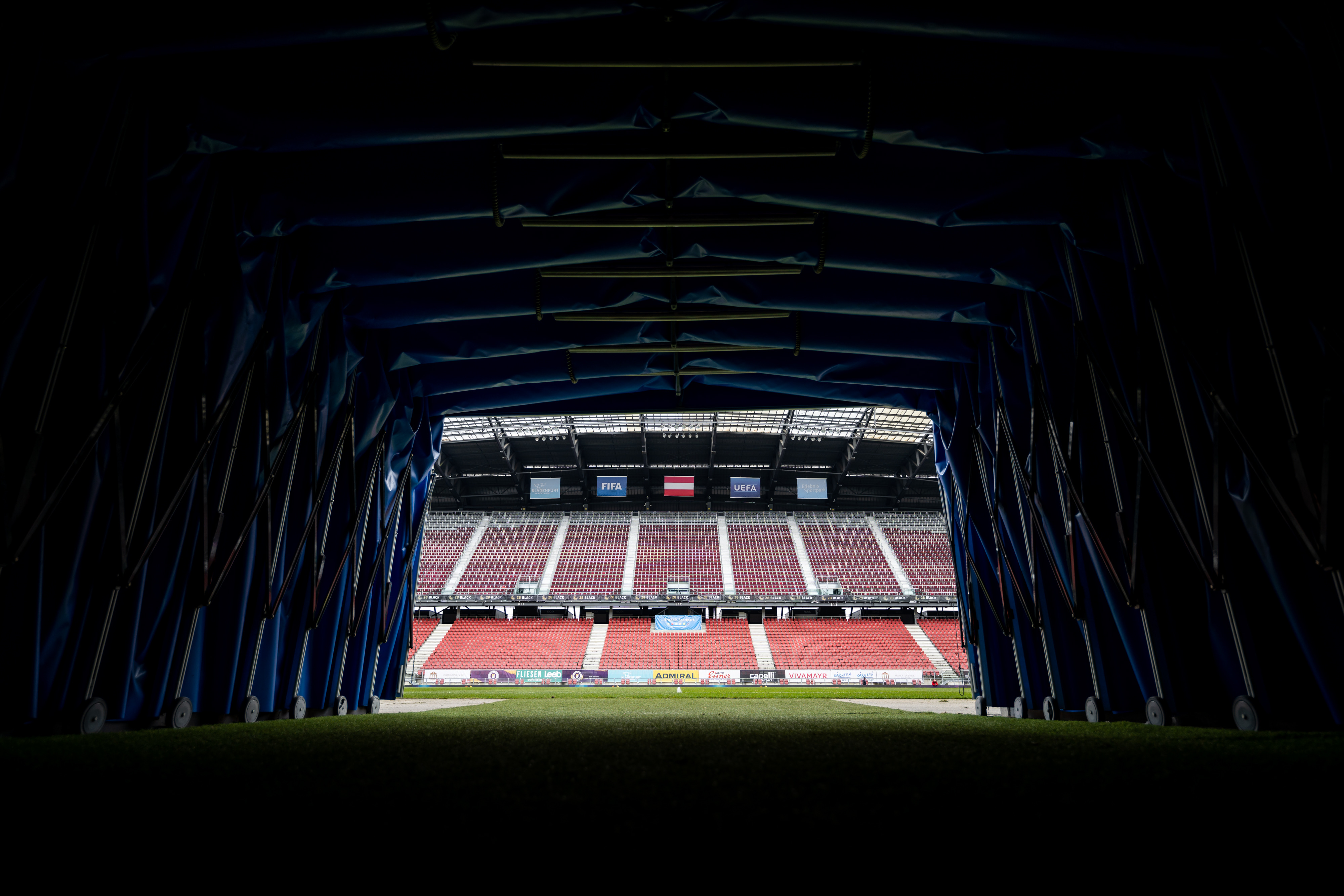 View from the players' tunnel at the Wörthersee Stadion in Klagenfurt.