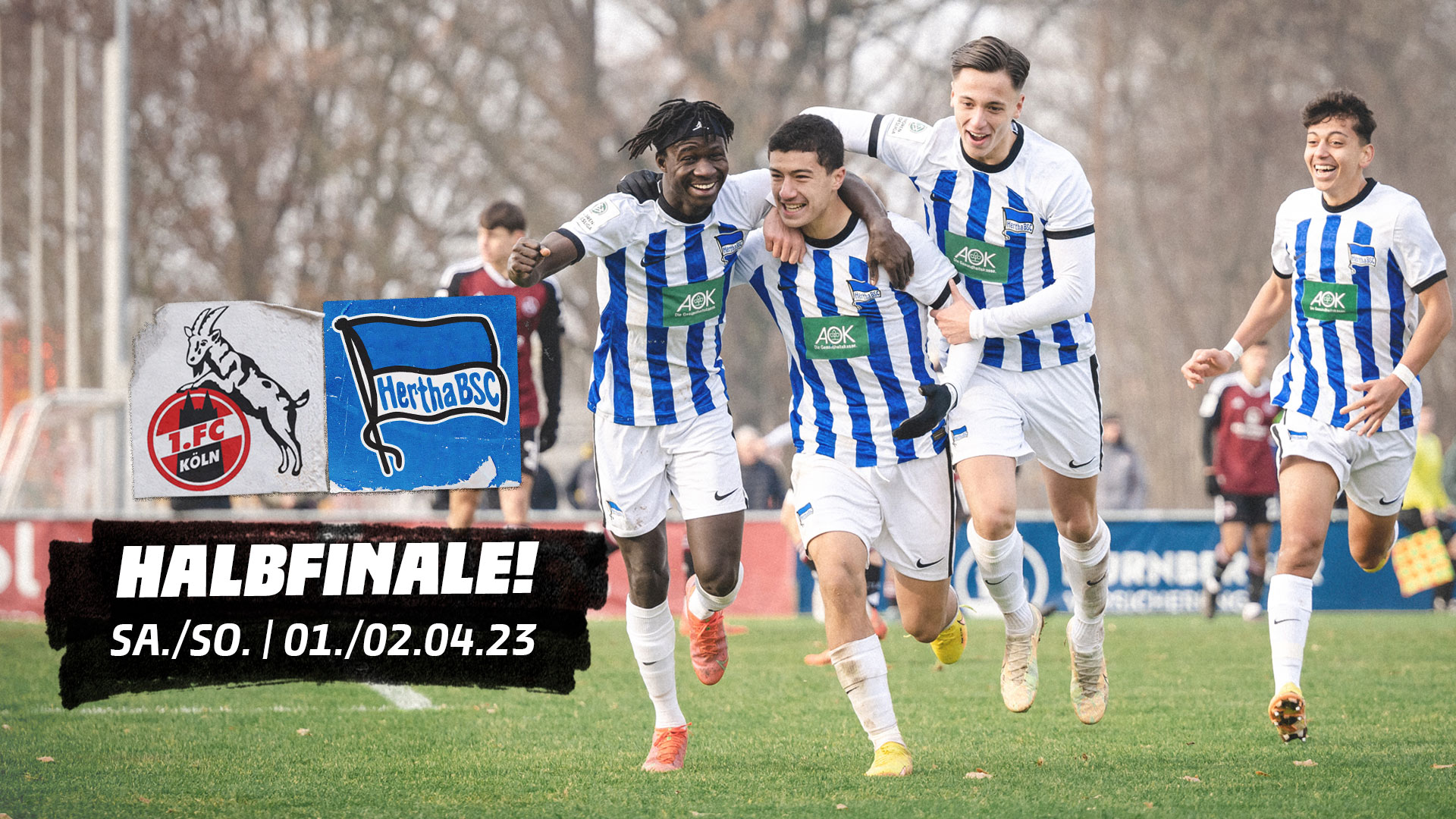 Die Logos vom 1. FC Köln und Hertha BSC mit der Ansetzung.