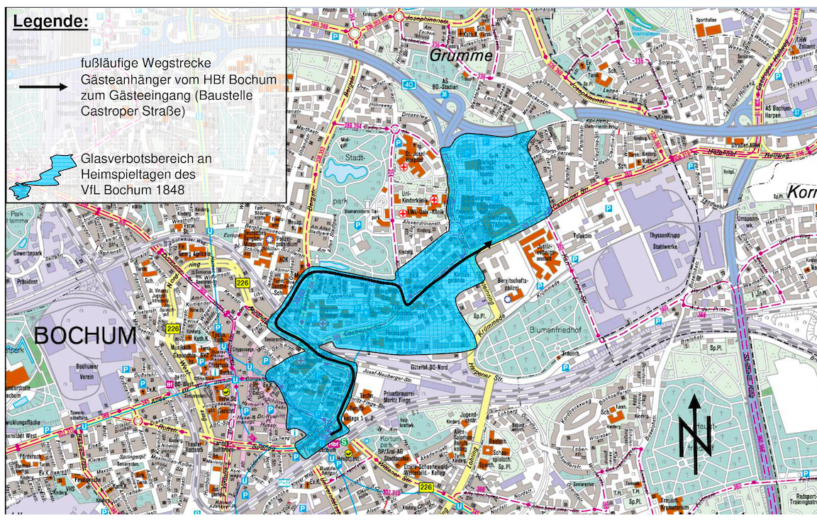 Grafik zur Wegstrecke und dem Glasverbotsbereich in Bochum.