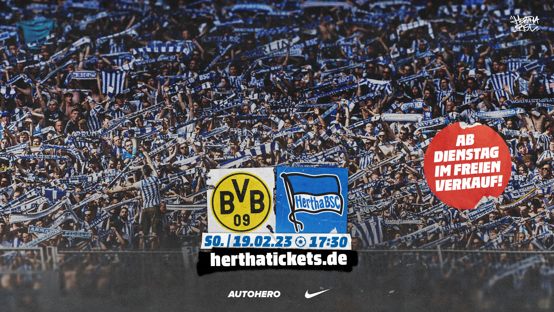 Die Logos von Borussia Dortmund Hertha BSC mit dem Störer "Ab Dienstag im freien Verkauf"!