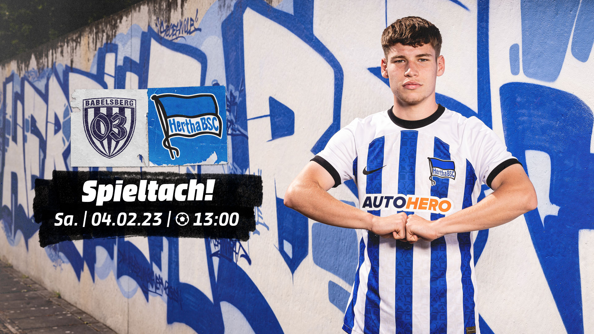 Lukas Ullrich posiert auf der Spieltagsgrafik zur Auswärtspartie unserer U23 beim SV Babelsberg 03.