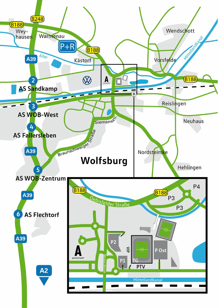 Anfahrt-Grafik zur Wolfsburg Arena.