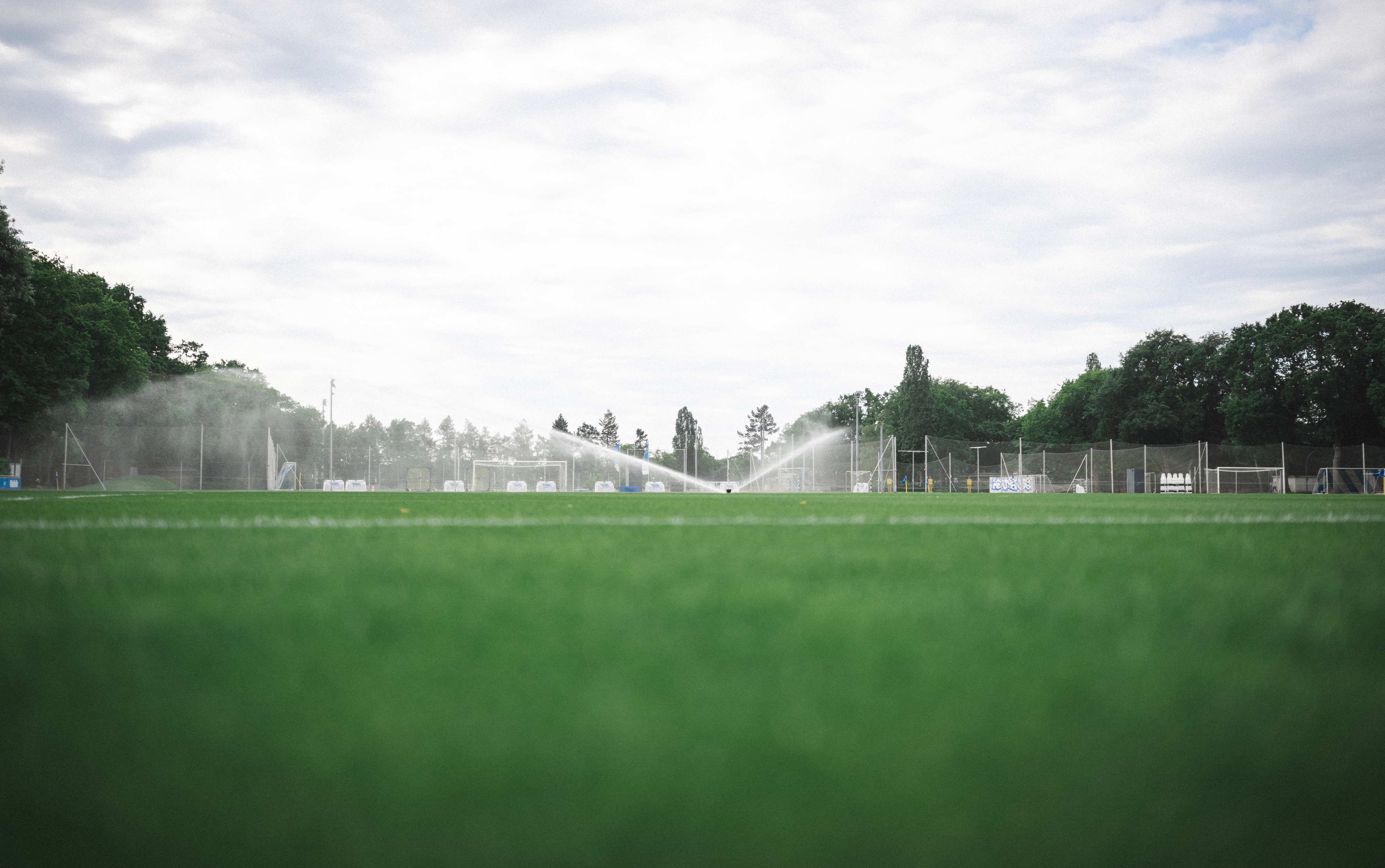 Sprinklers in action on the training ground.