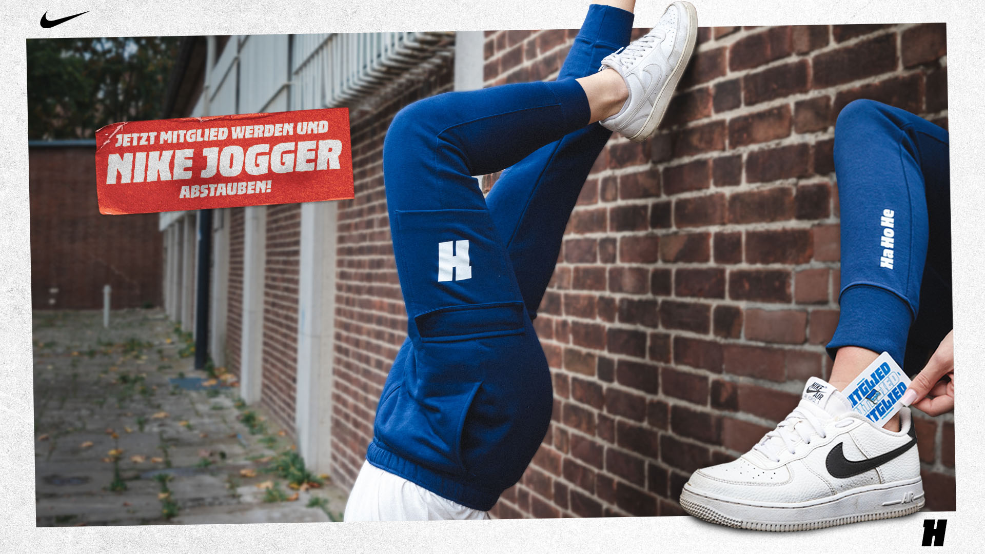 Grafik zur Mitgliederaktion: Kostenlose Nike Jogger für Neumitglieder.