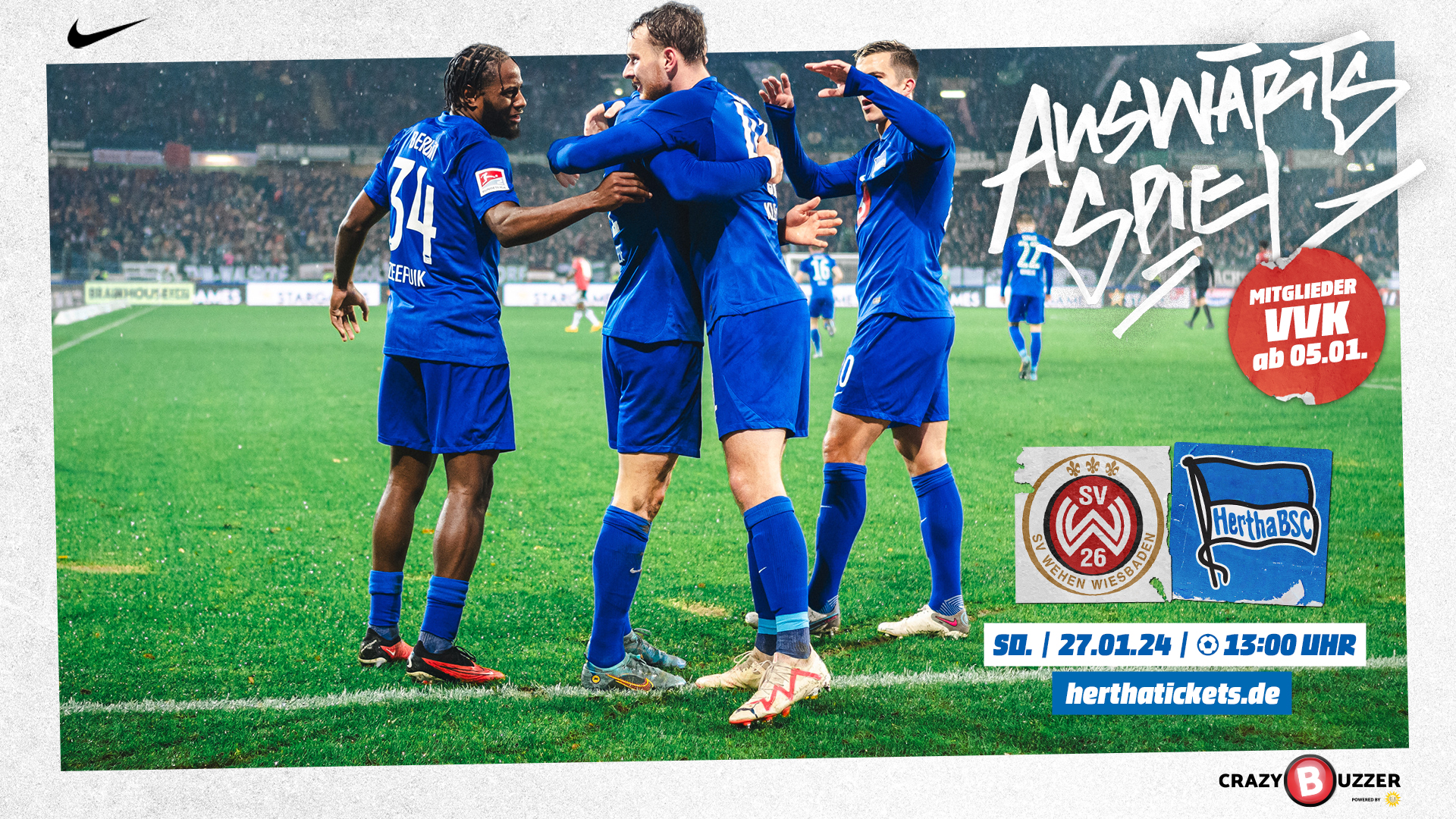 Die Ticketgrafik mit Deyovaisio Zeefuik, Pascal Klemens und Marc Kempf für das Auswärtsspiel beim SV Wehen Wiesbaden.