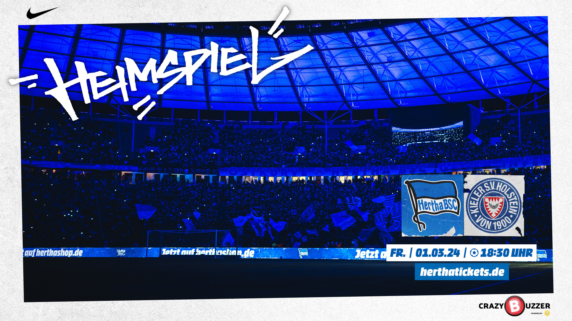 Die Ticketgrafik für das Heimspiel gegen Kiel mit der Ostkurve im blau leuchtendem Olympiastadion.