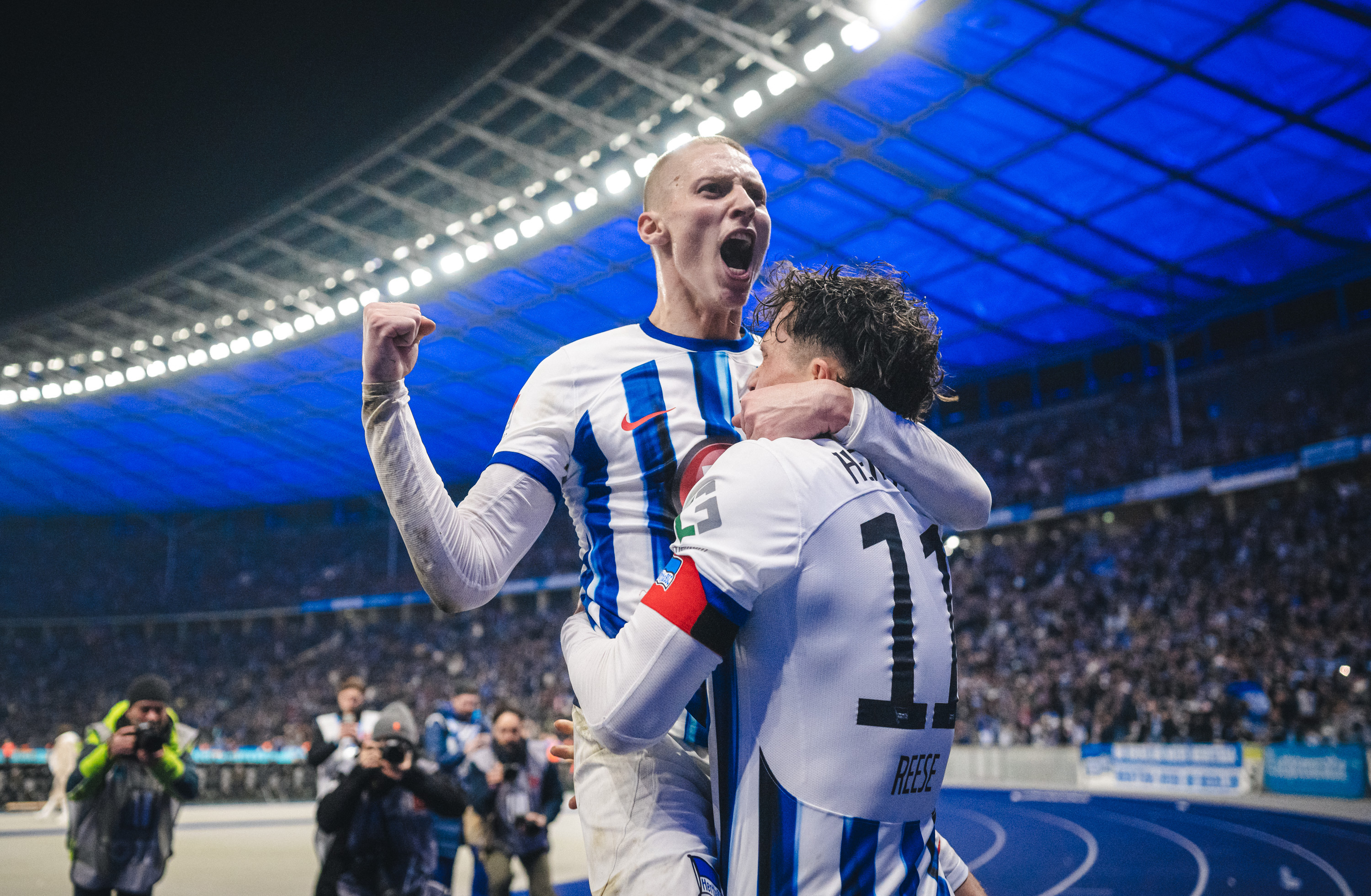 Hertha's goalscorers, Reese und Palko Dárdai, celebrate.