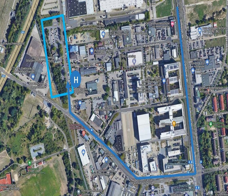 Wegbeschreibung zum Gästeparkplatz Nordhoff-Straße.