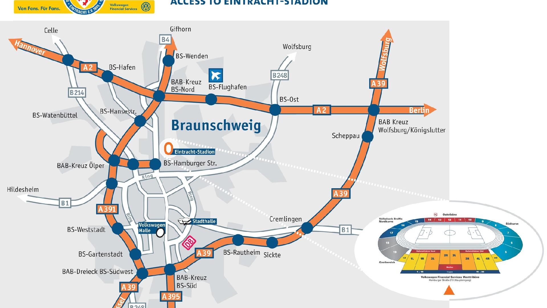 Anfahrtsplan für das Eintracht-Stadion in Braunschweig.
