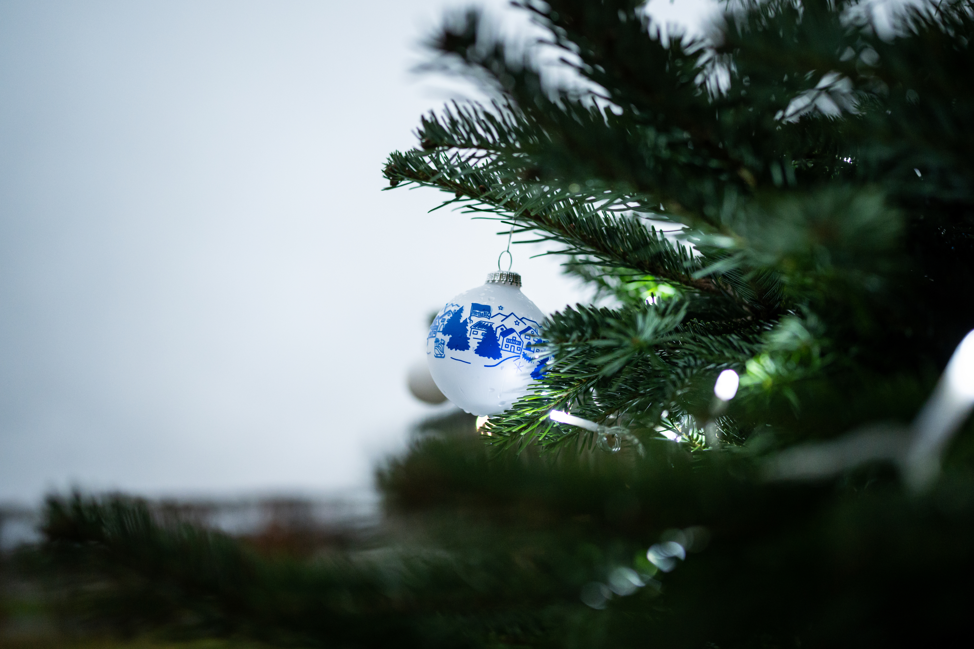 Eine blau-weiße Weihnachtskugel am Baum.