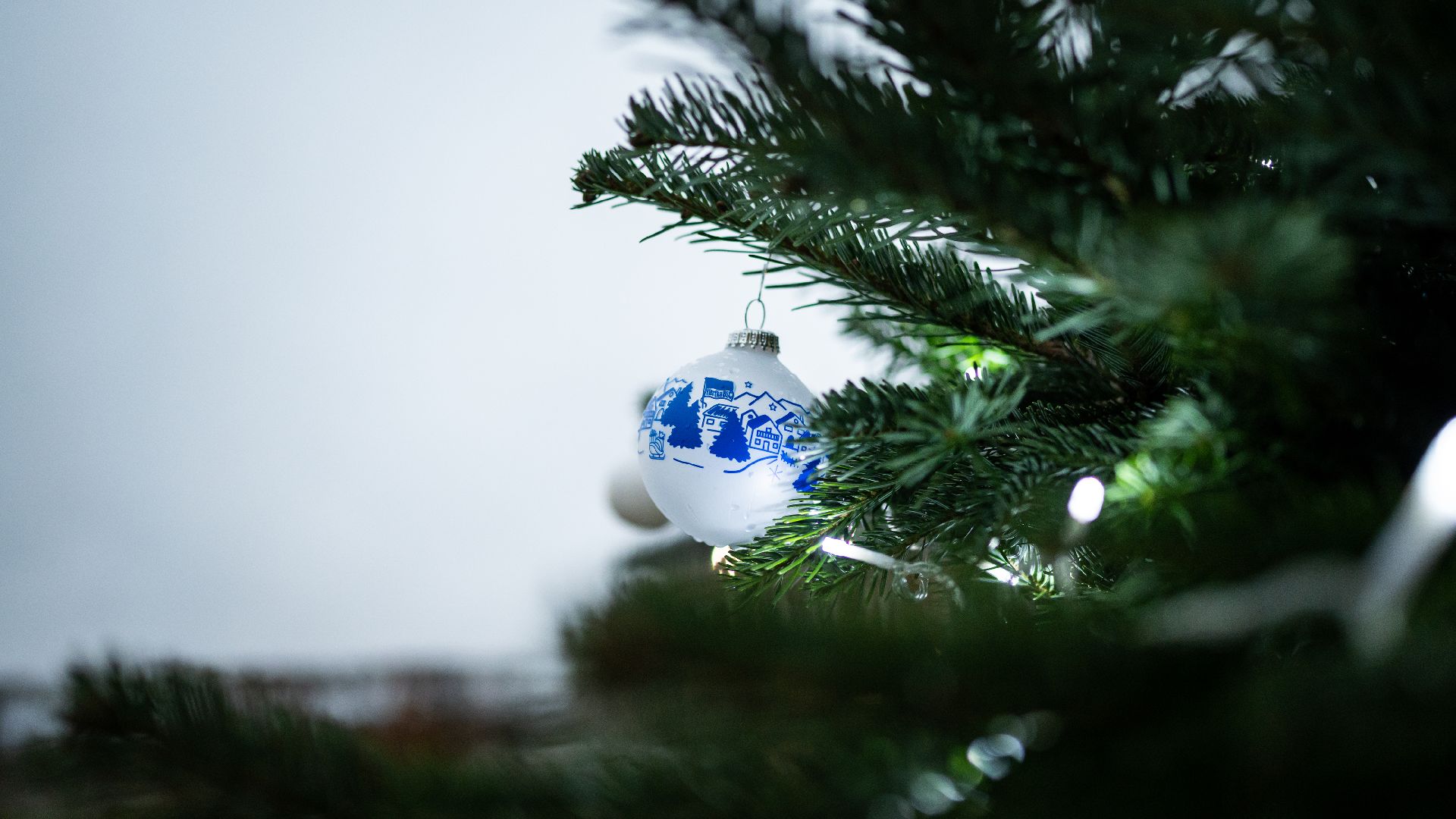 Eine blau-weiße Weihnachtskugel am Baum.