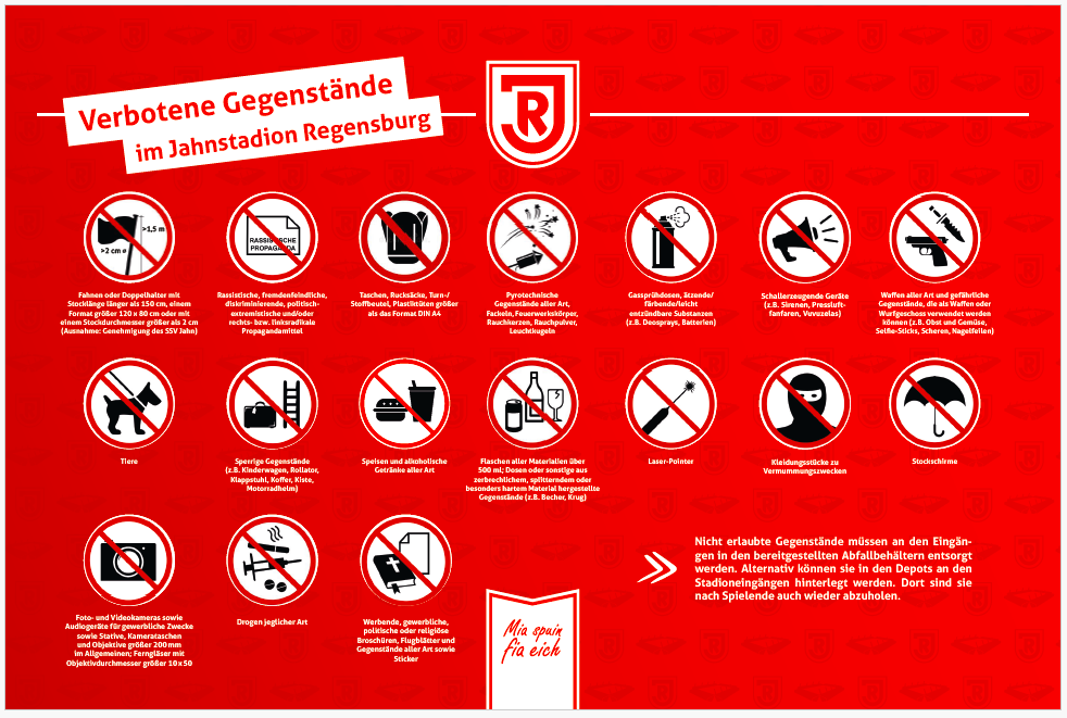 Grafik mit der Übersicht der im Stadion verbotenen Gegenstände.