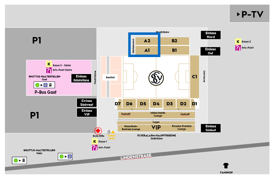 Eine Übersichtsgrafik von den Parkplätzen rund ums Stadion in Elversberg.