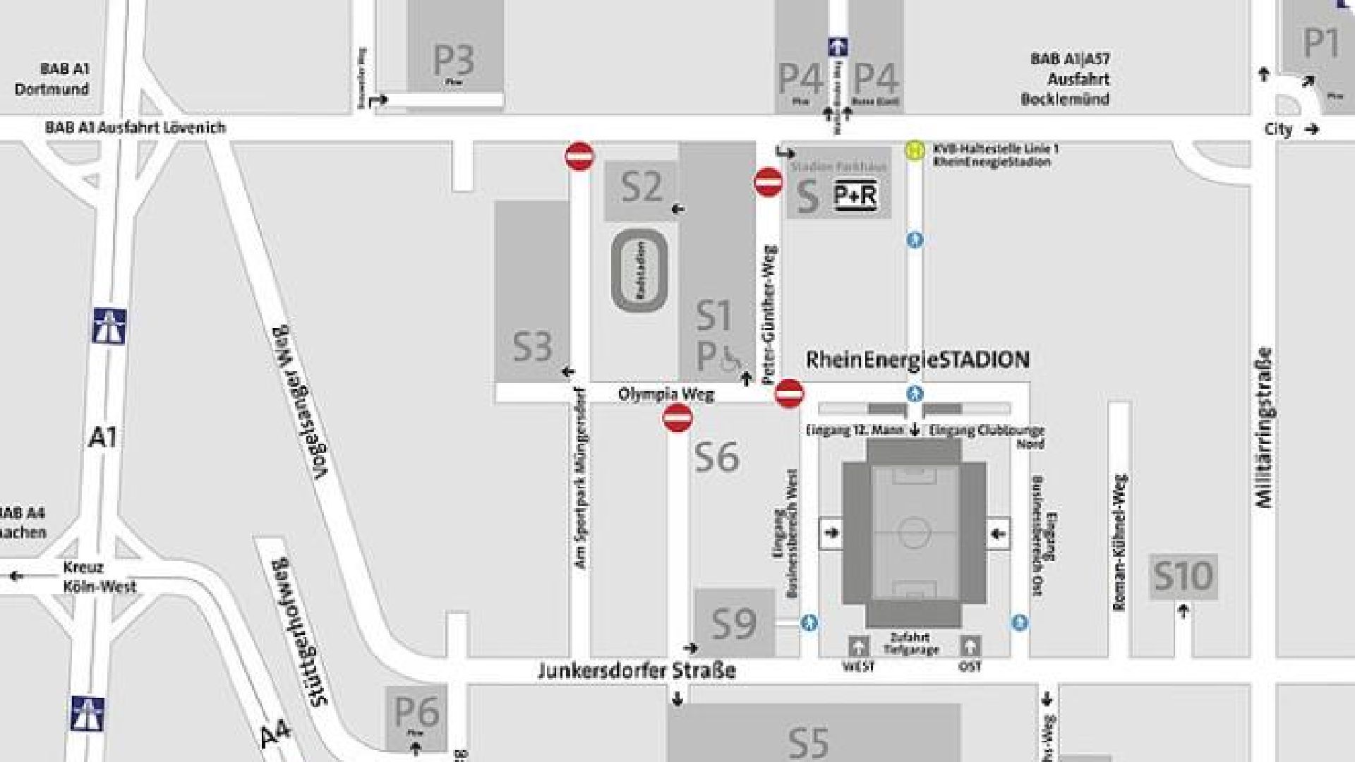 Parkplatzinformationen für Gästefans in Köln.