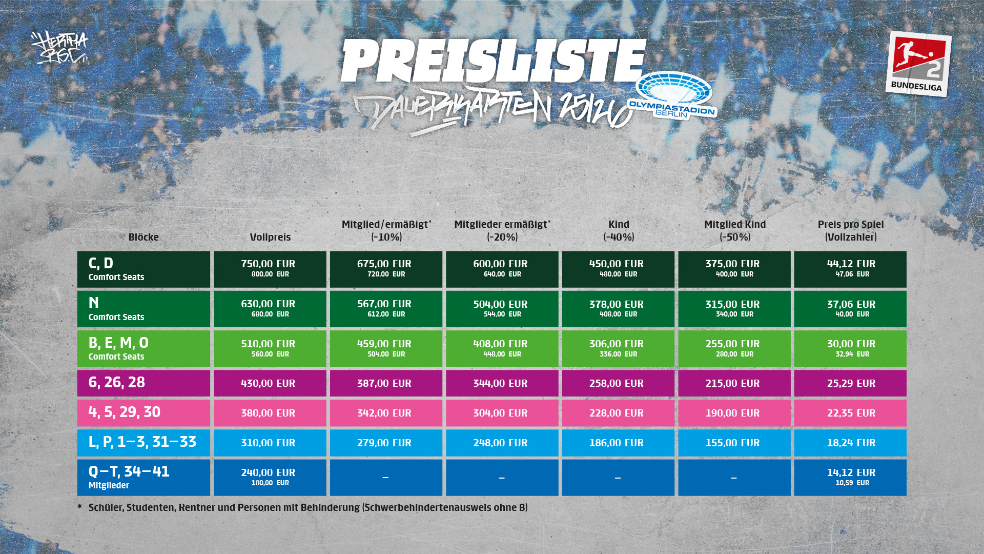 Die Preisliste zur Dauerkarte
