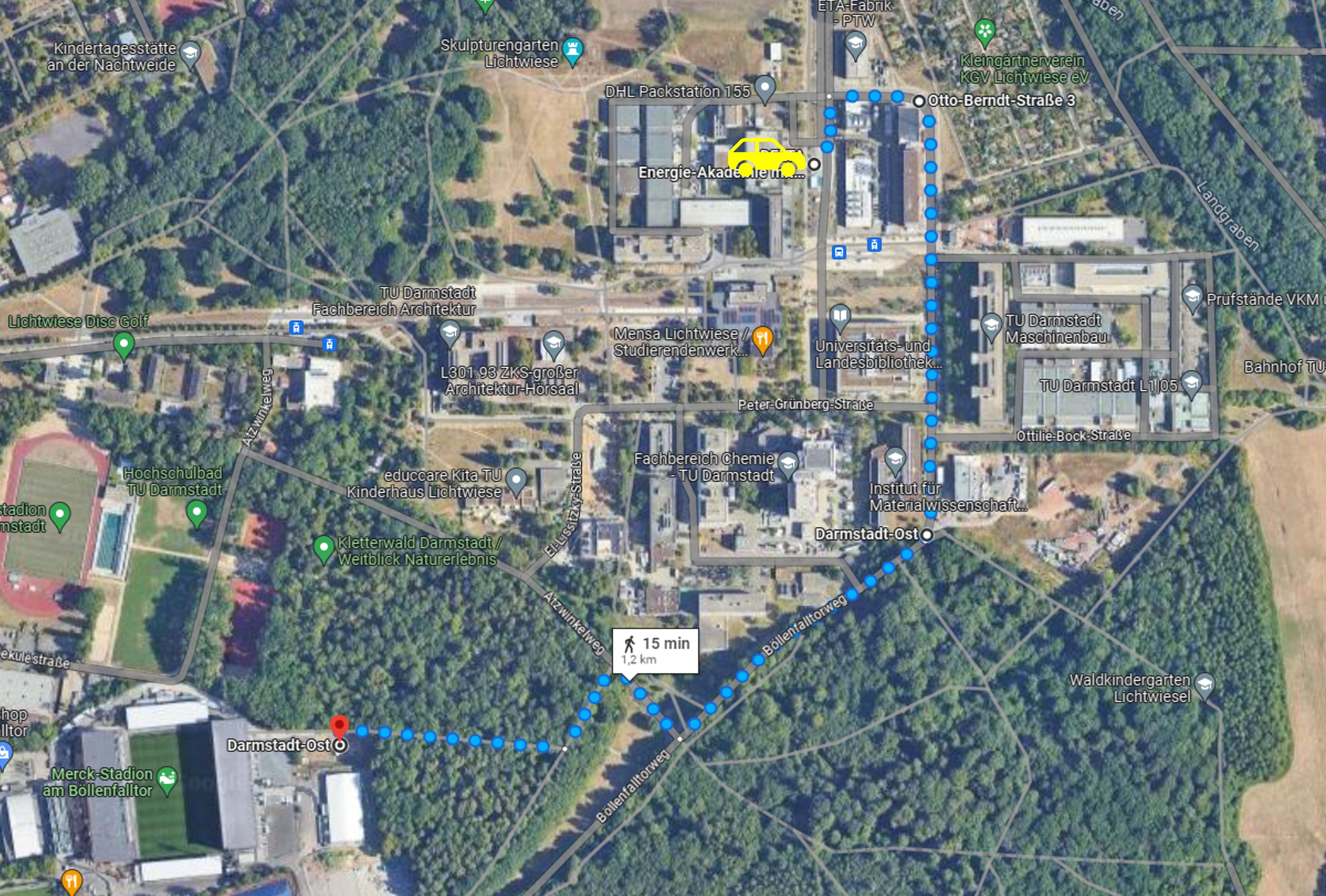Grafik des Weges vom Parkplatz zum Stadion in Darmstadt.