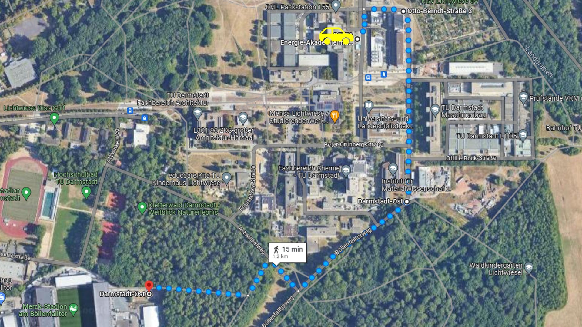 Grafik des Weges vom Parkplatz zum Stadion in Darmstadt.