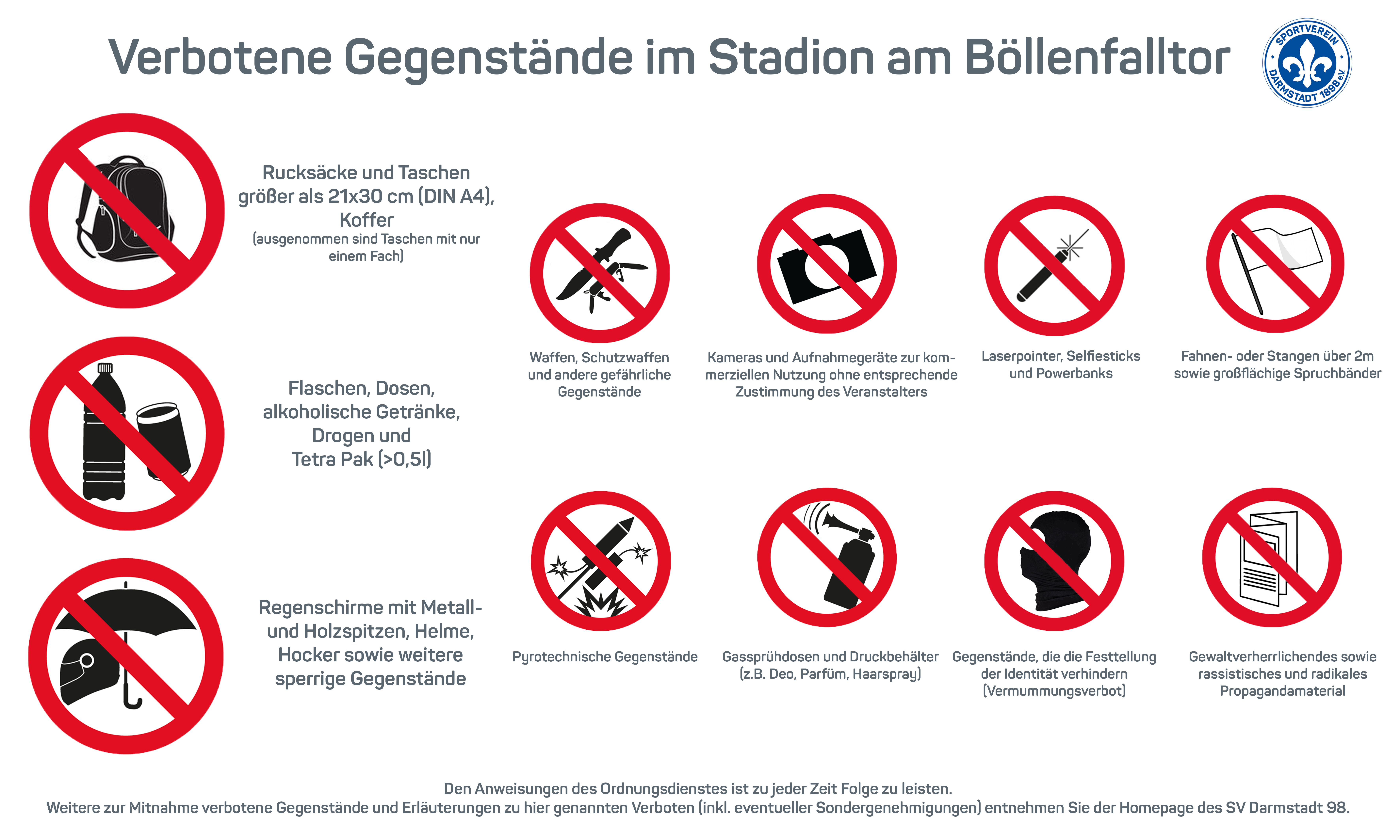 Abbildung mit allen verbotenen Gegenständen im Darmstädter Stadion.