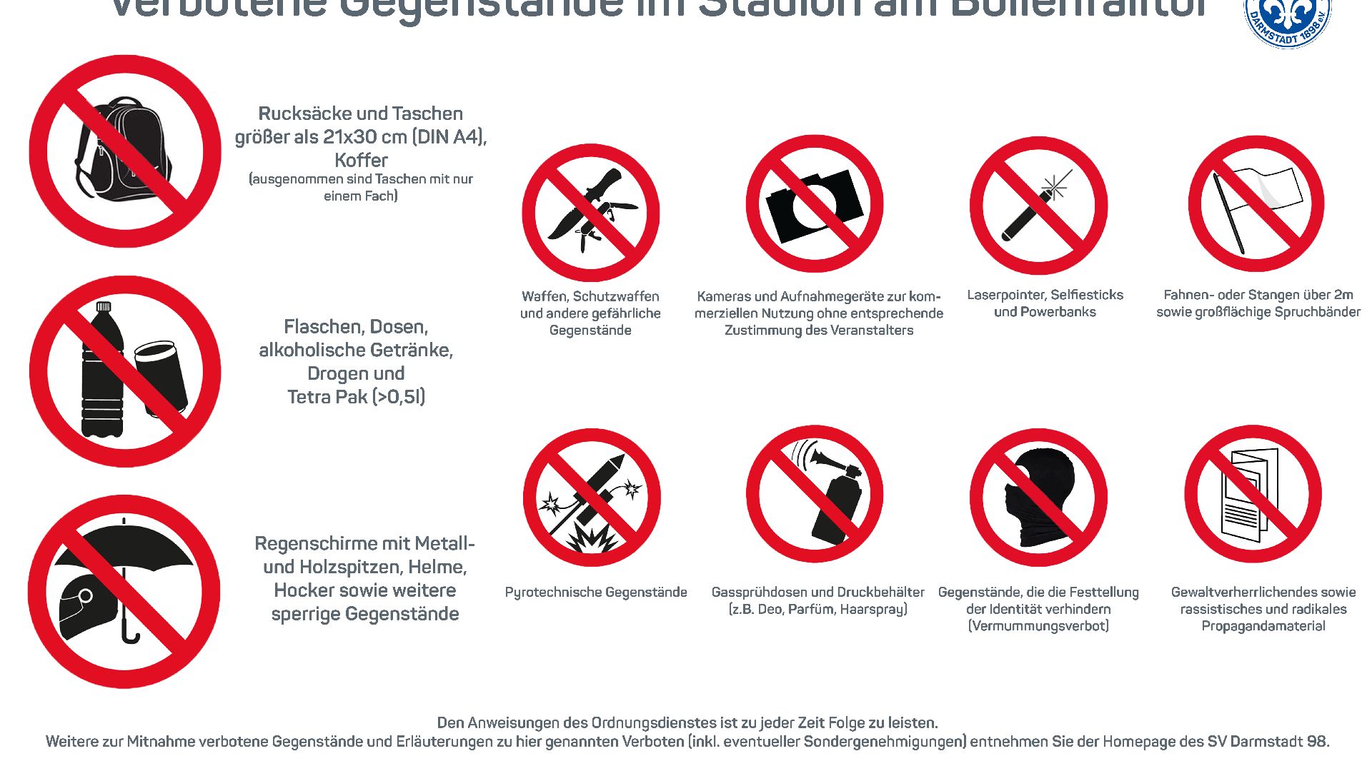 Abbildung mit allen verbotenen Gegenständen im Darmstädter Stadion.