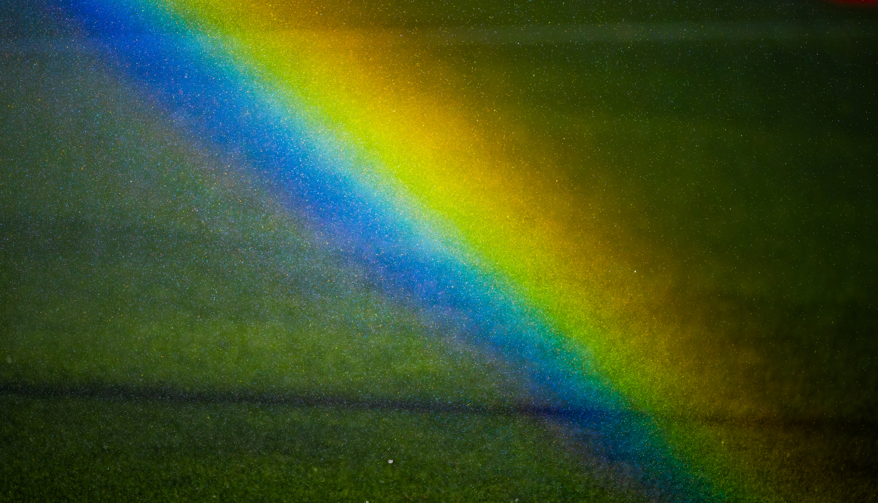 Ein Regenbogen auf dem Rasen.