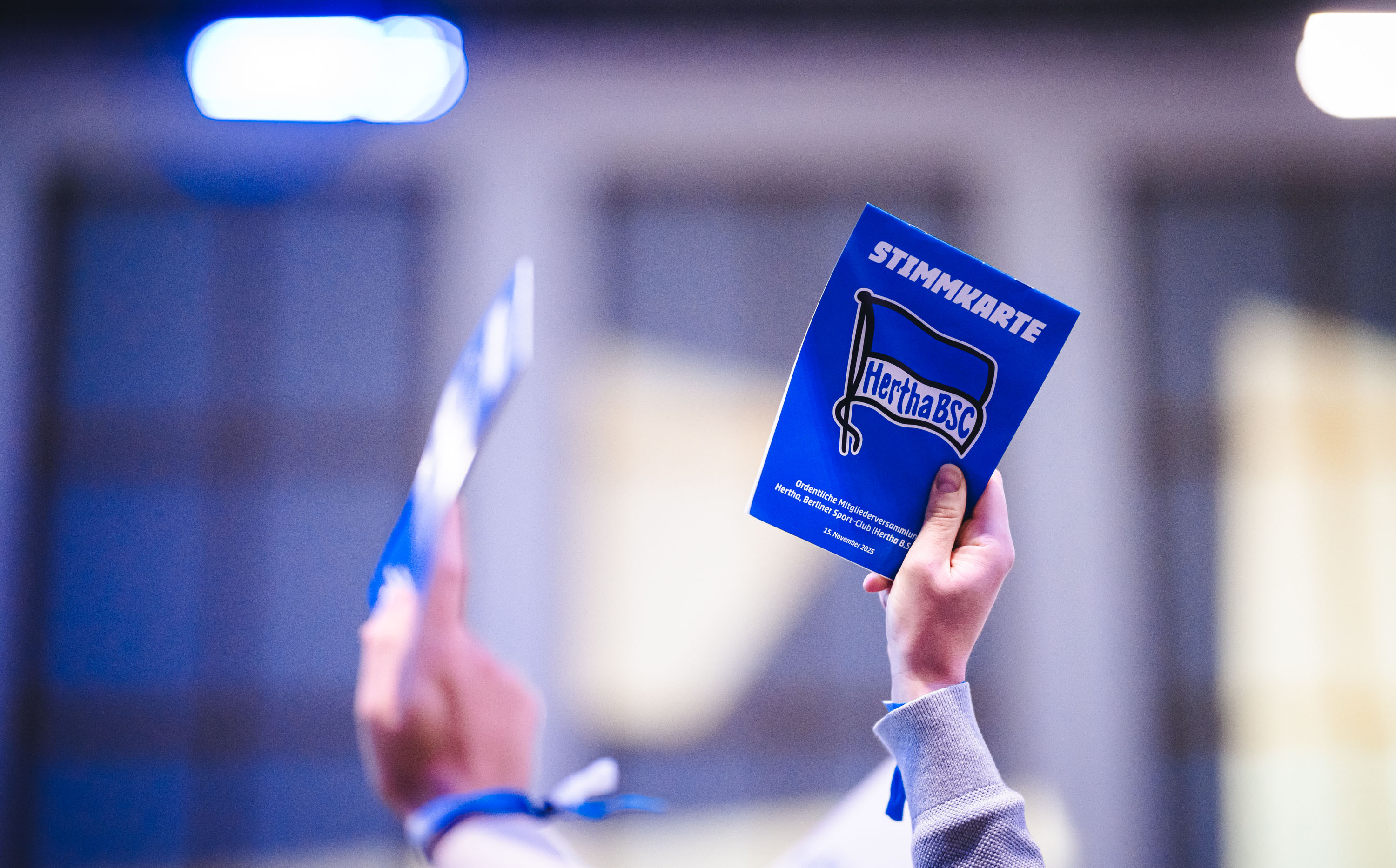 Ein Mitglied hält eine Stimmkarte in die Höhe.