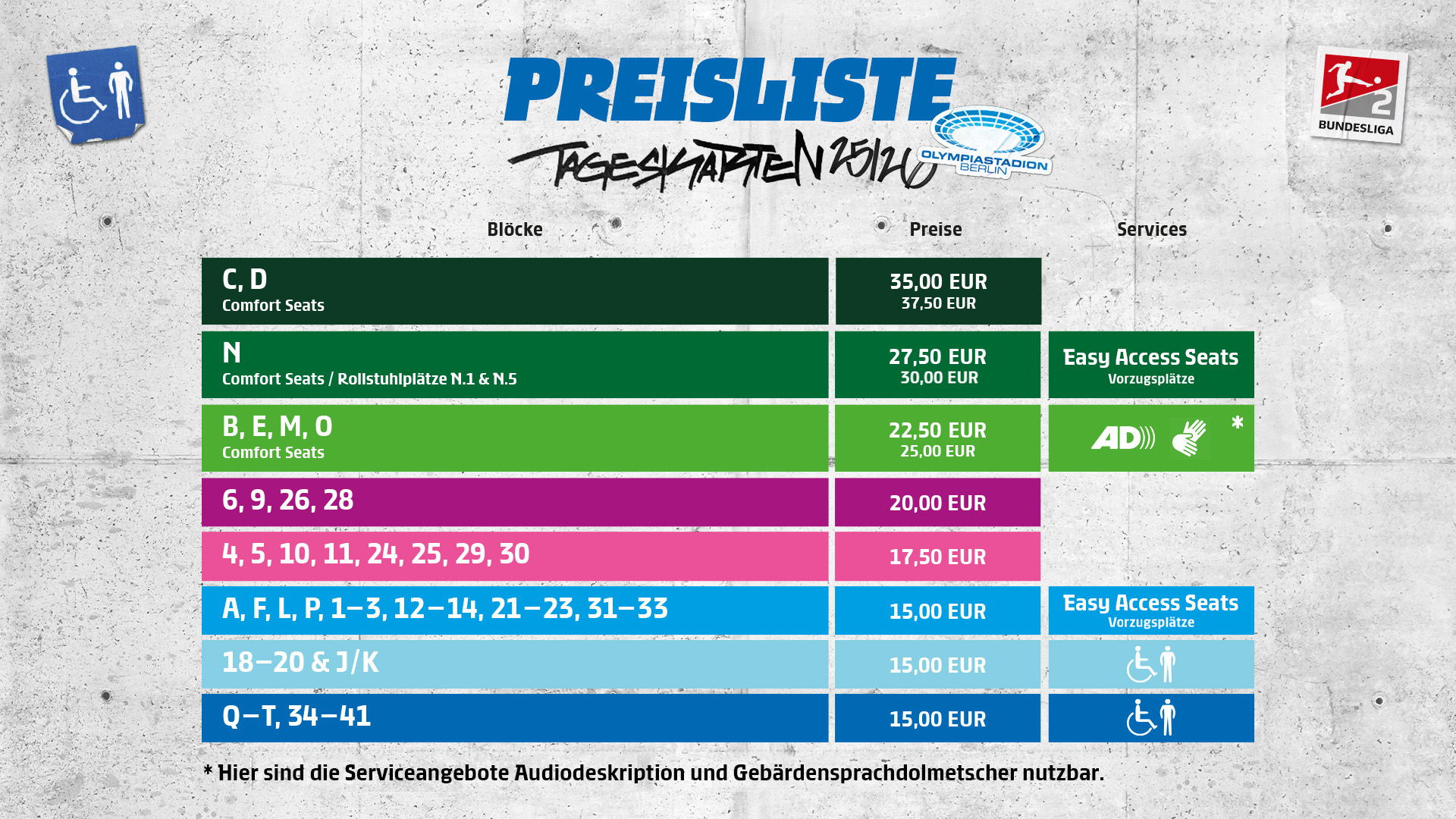 Die Preisliste der Tageskarten Handicap 2024/25.