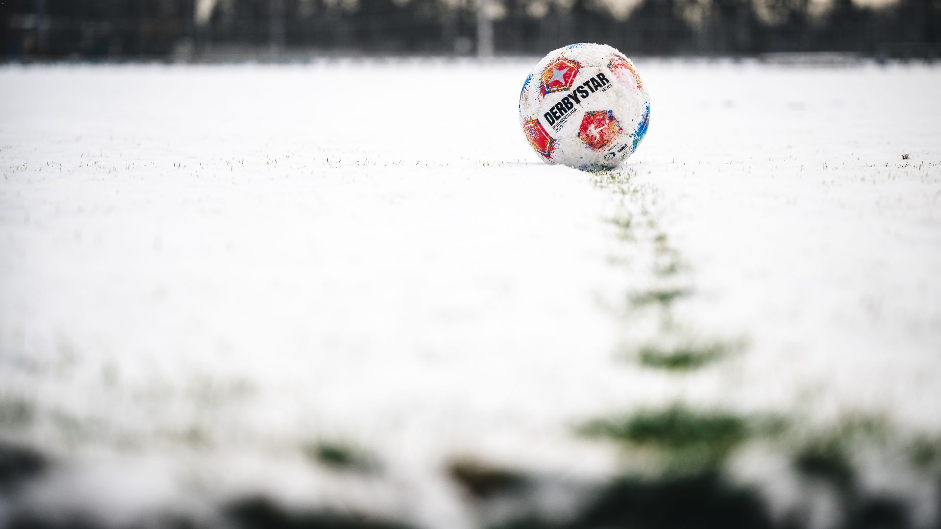 Ein Ball rollt im Schnee.