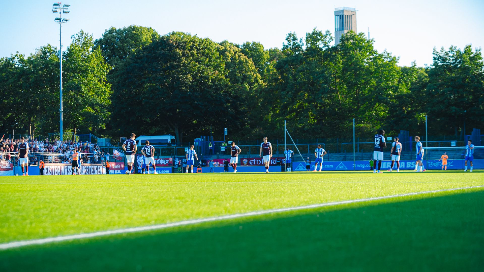 Die Spieler stehen auf dem Rasen.